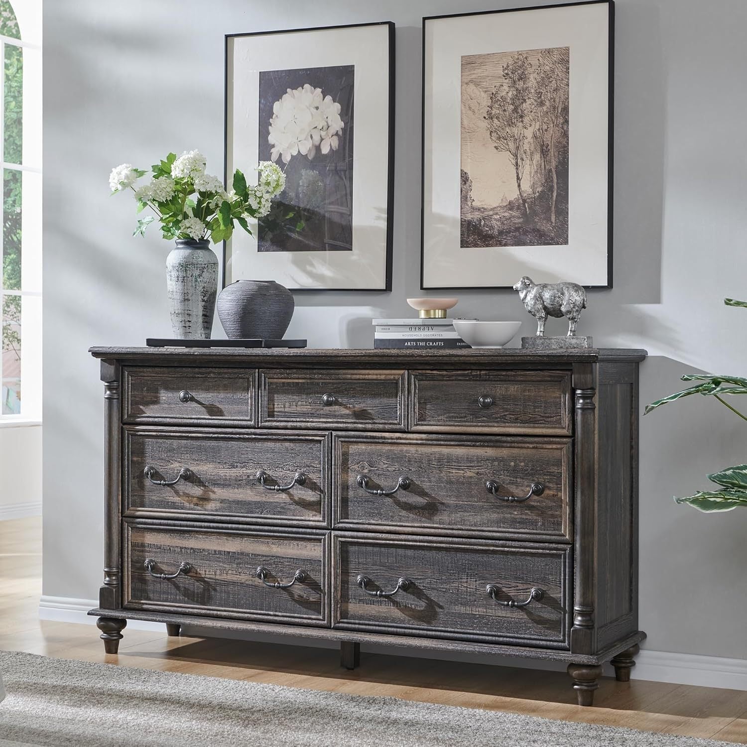 Farmhouse 7-Drawer Dresser Chests for Bedroom with 4 Solid Wood Feet & Column Decoration, Tall and Wide Wood Country Rustic Chest of Drawers, Storage Dressers for Bedroom and Living Room.