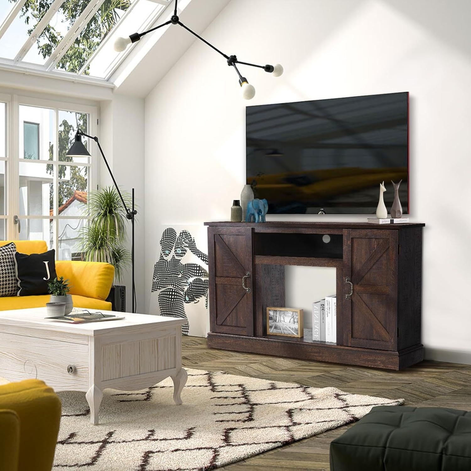 120cm TV Stand Suitable For TV Size up to 65", Entertainment Center with Two Barn Doors and Storage Cabinet, Media TV Console Table for Living Room