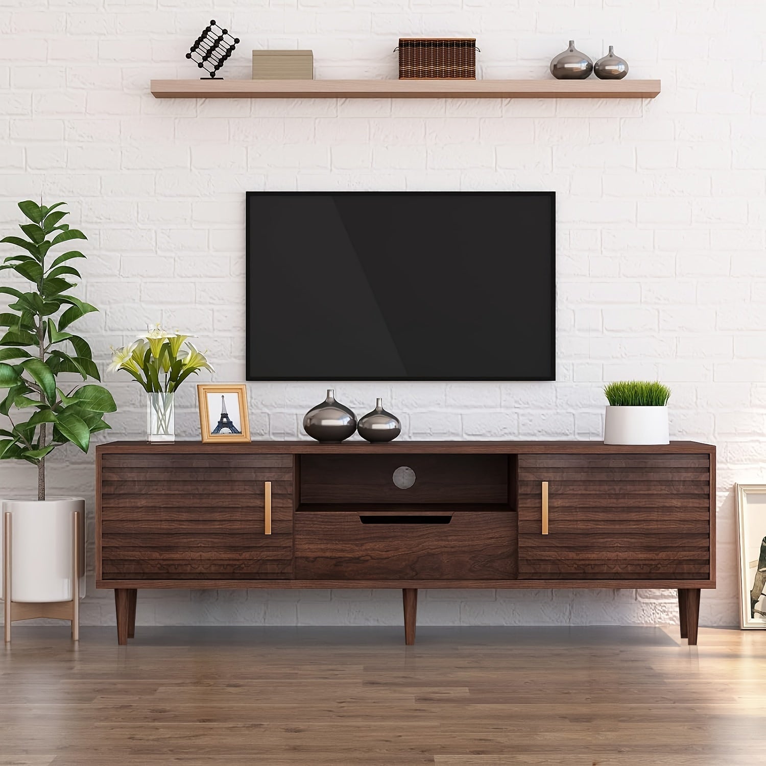 150cm Mid Century TV Stand For 65+ Inch TV, Mid Century Modern TV Media Console, Entertainment Center With Sliding Door, Drawer, Storage Shelves, Boho Television Stand For Living Room, Bedroom, Office, Brown TV Stand, Flute TV