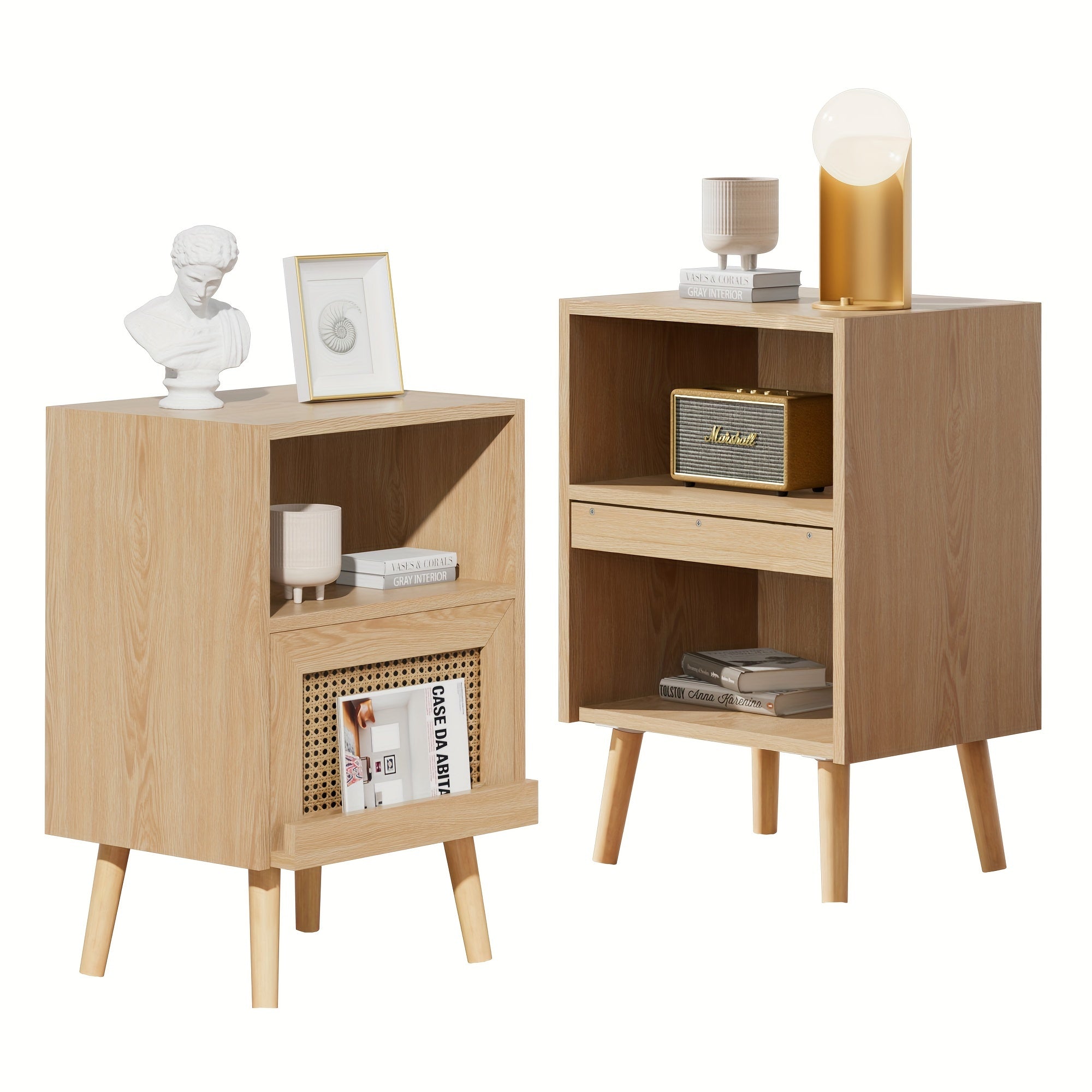 1pc/Set or 2 pcs/Set  Rattan Nightstand, Wooden End Side Table, Bedside Table with Open Storage Shelve and Door, Night Stands for Bedroom Living Room