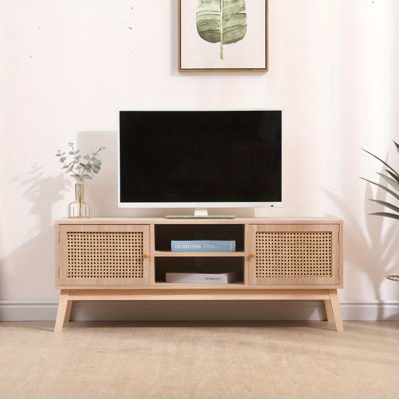 Boho TV Stand for 55 Inch TV, Entertainment Center with Adjustable Shelf, Real Rattan TV Console with 2 Cabinets, Media Console, Solid Wood Feet, 2 Cord Holes, for Living Room- Natural