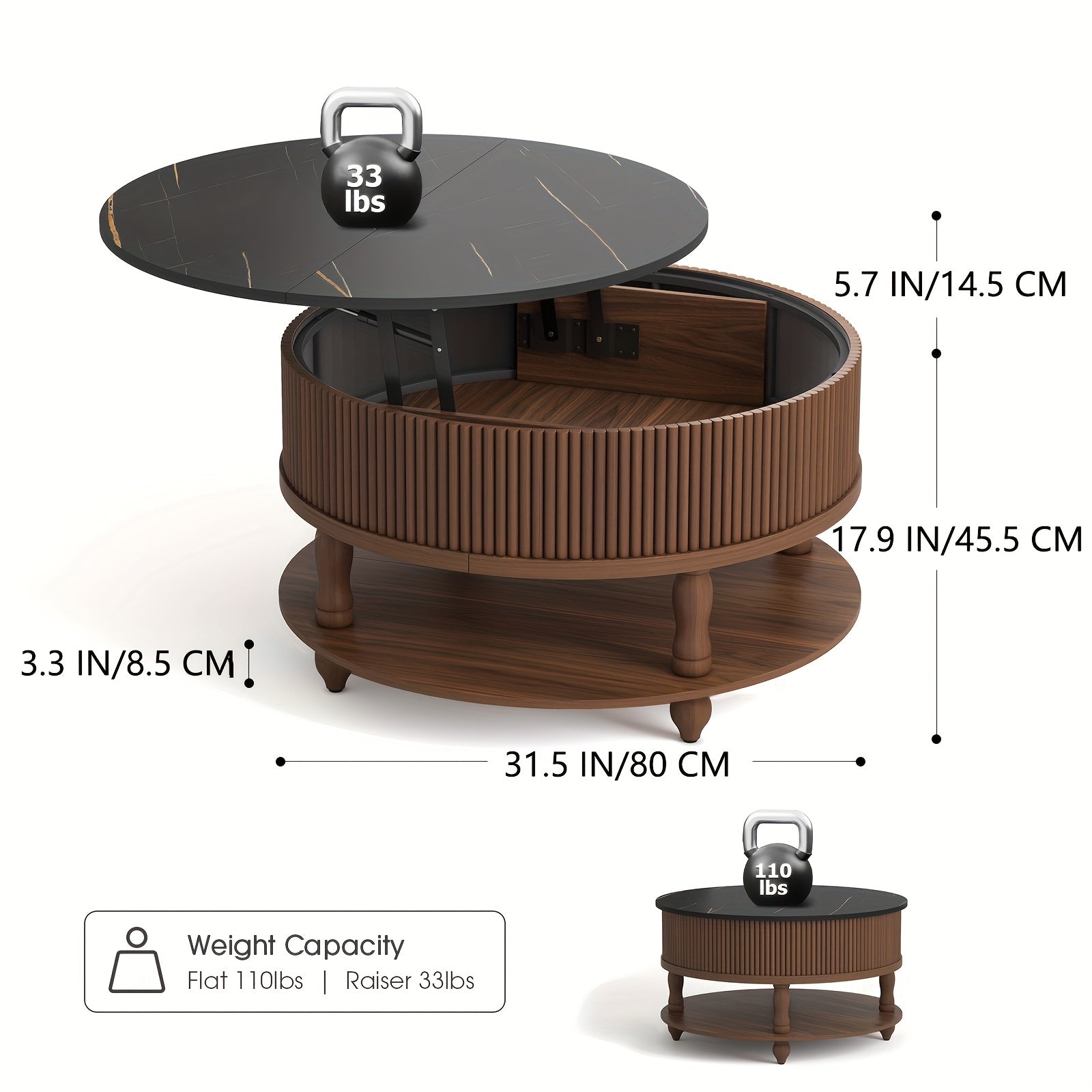 81cm Walnut Wood Round Coffee Table with Adjustable Height, Storage & Hidden Compartment - 2-Tier Mid-Century Modern Design for Living Room