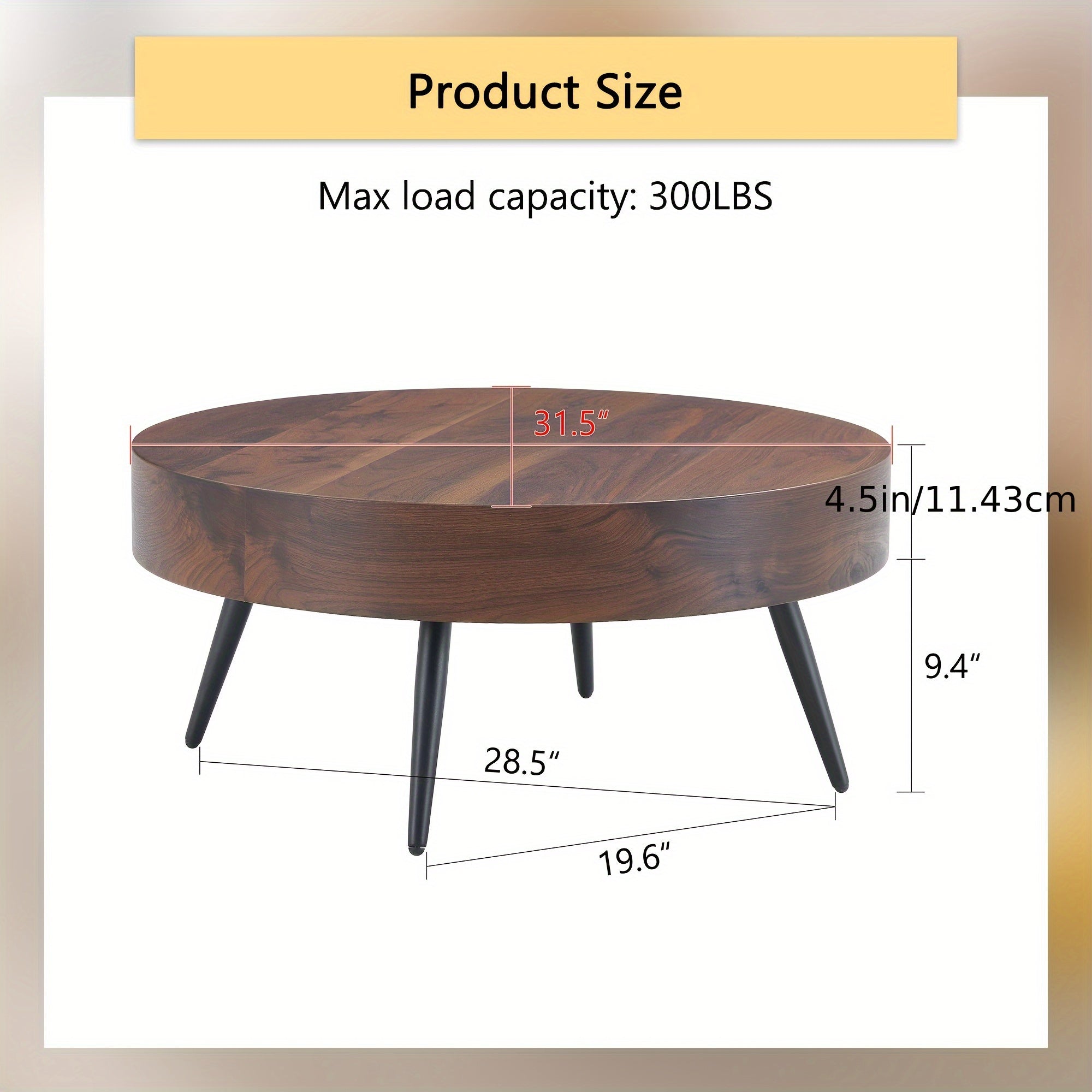 Wooden Coffee Table Modern Round Coffee Table Rustic Center Table with Metal Leg for Living Room Reception Room Office (Brown, Round)