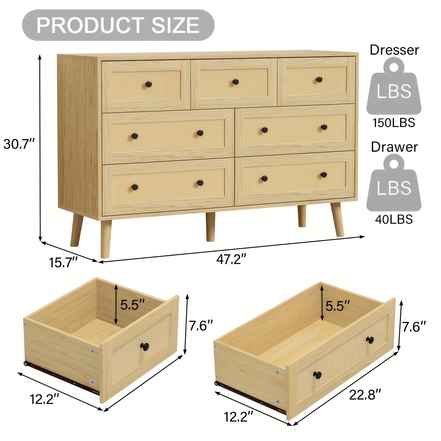 Rattan 7 Drawer Dresser For Bedroom, Wood Boho Double Chest Of Drawers With Storage And Gold Handle