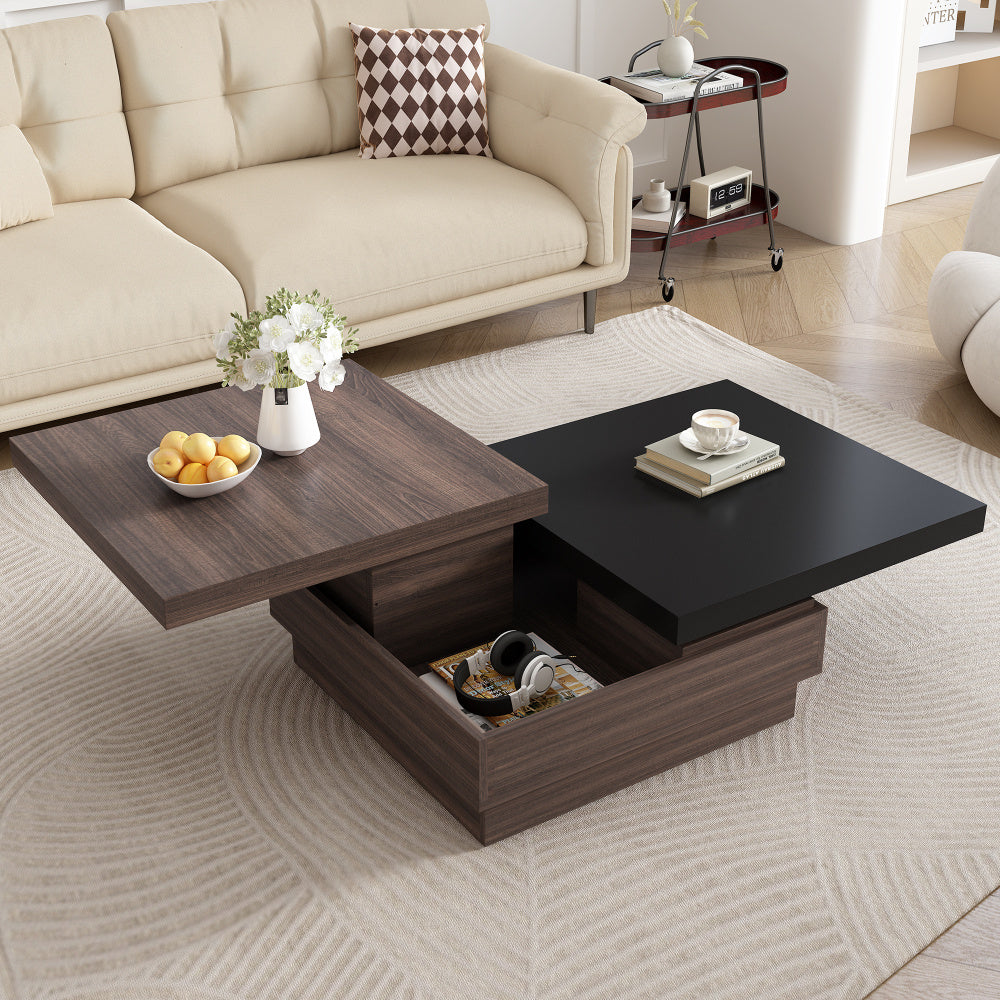 Rotatable Top Coffee Table, Modern Square Coffee Table with Wood Grain Design, 1 Hidden Storage Space for Living Room, Black+Brown