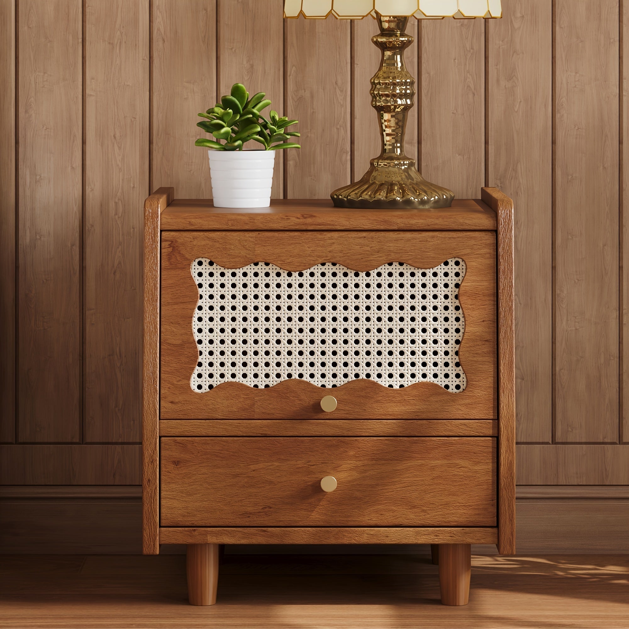 Elegant Wooden Nightstand with Rattan-Woven Storage Cabinet & Drawer - Natural Hardwood Finish, Scalloped Top with Decorative Cut-Out Patterns, Ideal for Bedroom Elegance, Bedroom Decor