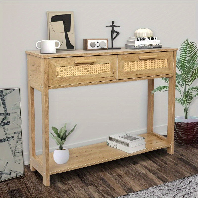 1pc Modern Metal Console Table with 2 Drawers, Open Storage Shelf, Narrow Accent Sofa & Entryway Table for Living Room/Entryway/Hallway - Natural Color Design, Entryway Furniture | Decorative Table | Functional Decor Piece (Dimensions in cm)