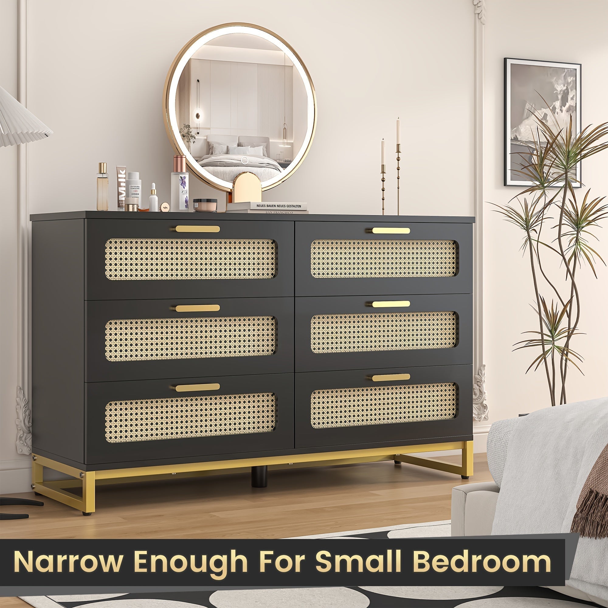 1PCS, 6 Drawer Dresser, Modern Rattan Dresser Chest, Chest Of Drawers For Bedroom, Living Room, Black