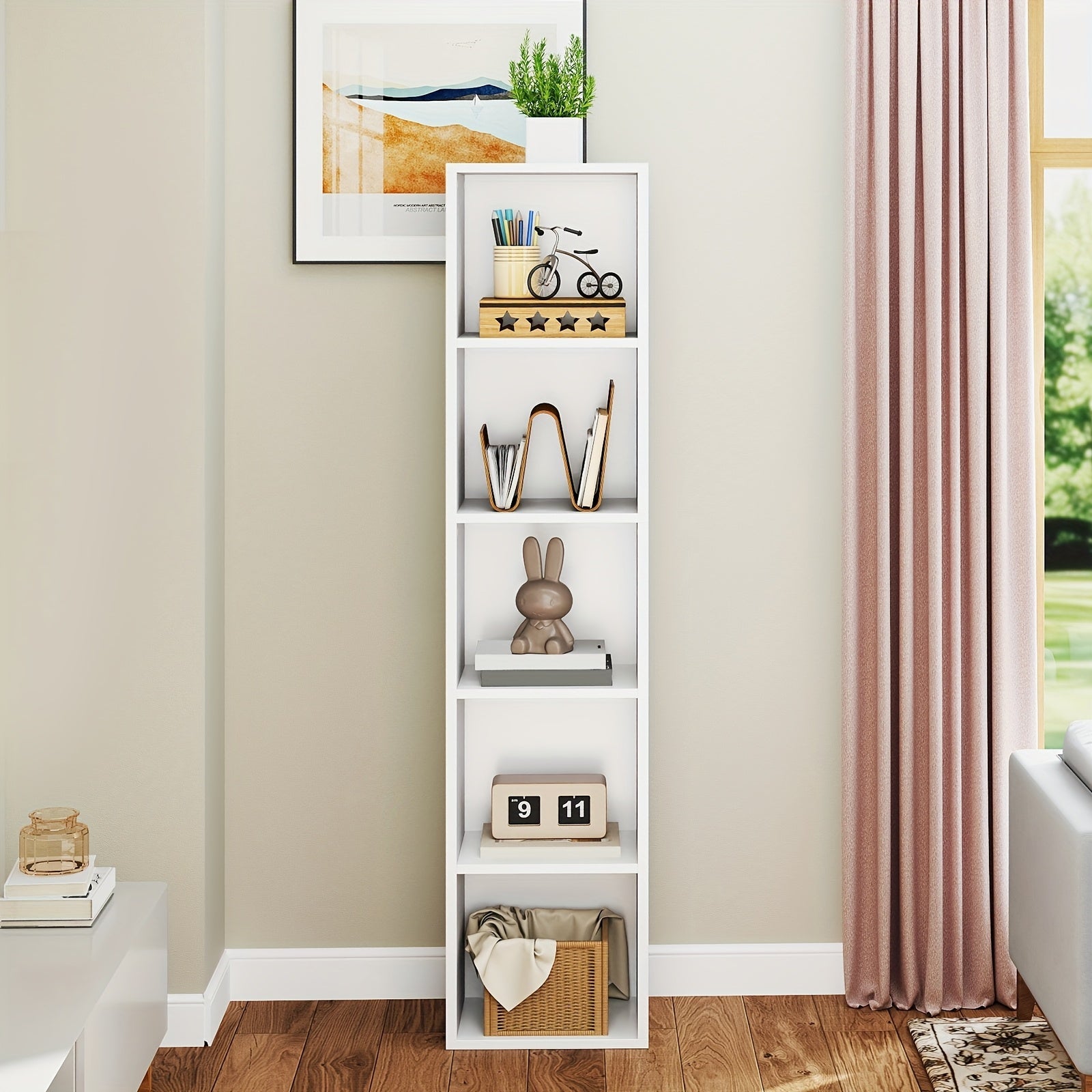 5-Tier White Bookshelf with Cube Display Rack – Modern Corner Storage Organizer for Home Office, Ideal for CDs, Decorative Items, and More