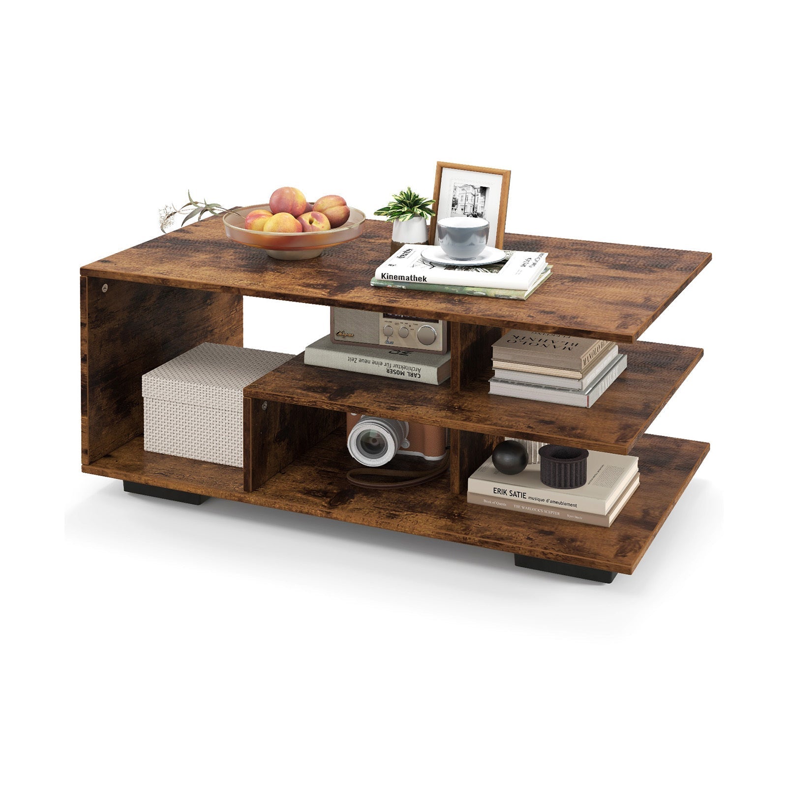 Modern Geometric Coffee Table with Storage - 3-Tier Rectangular Centerpiece, L-Shaped Shelf, Durable Hardwood Construction for Living Room