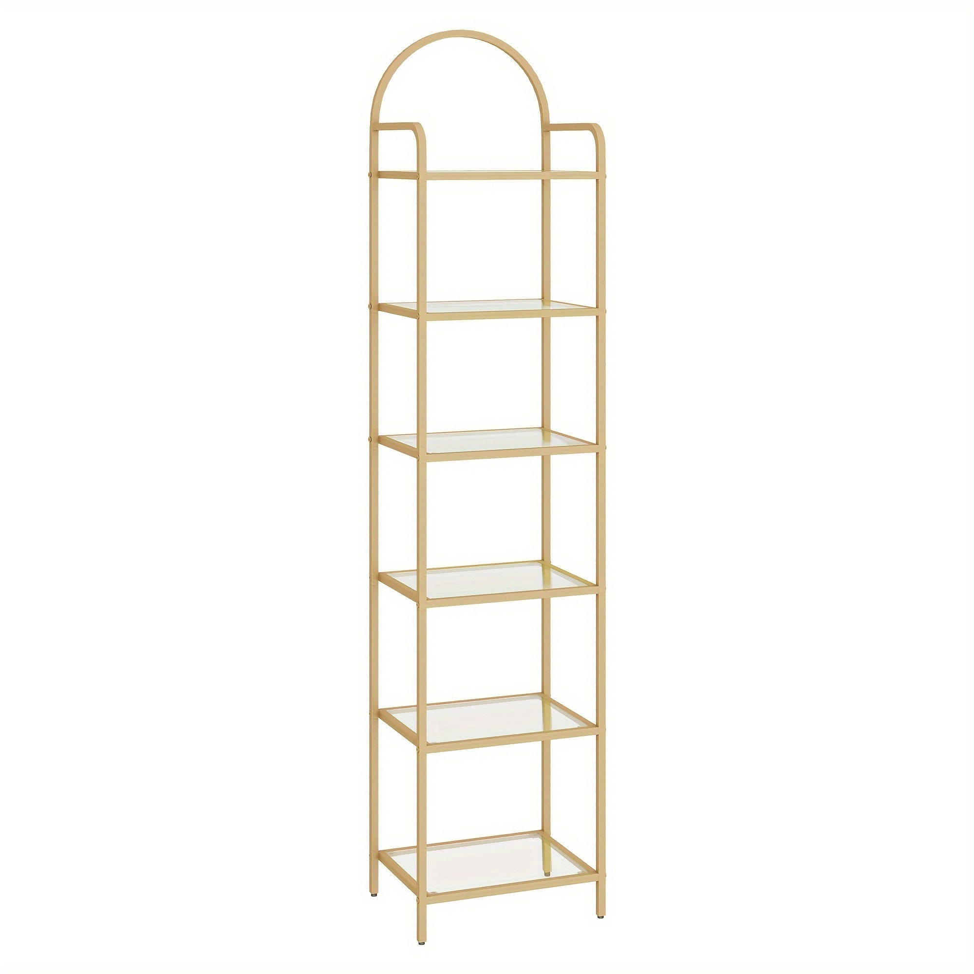 Golden 6-Tier Bookshelf with Tempered Glass Shelves - Slim, Sturdy Metal Frame for Bedroom, Bathroom, Home Office - Versatile Display & Storage Rack