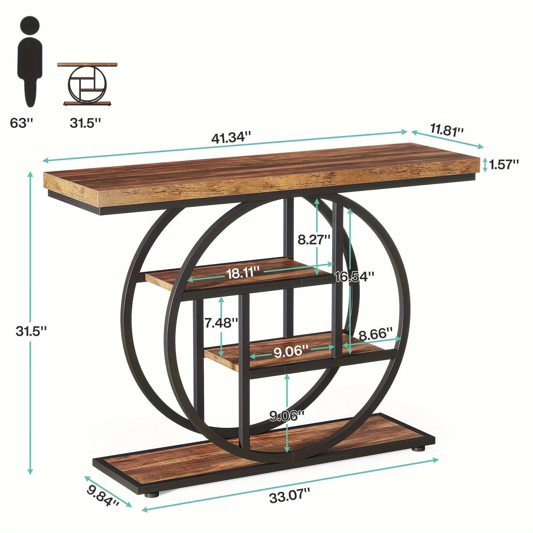 105.2 cm Console Table, 4-Tier Sofa Table Entryway Table with Circle Base, Narrow Accent Tables with Storage Shelves for Living Room, Hallway, Foyer, Rustic Brown