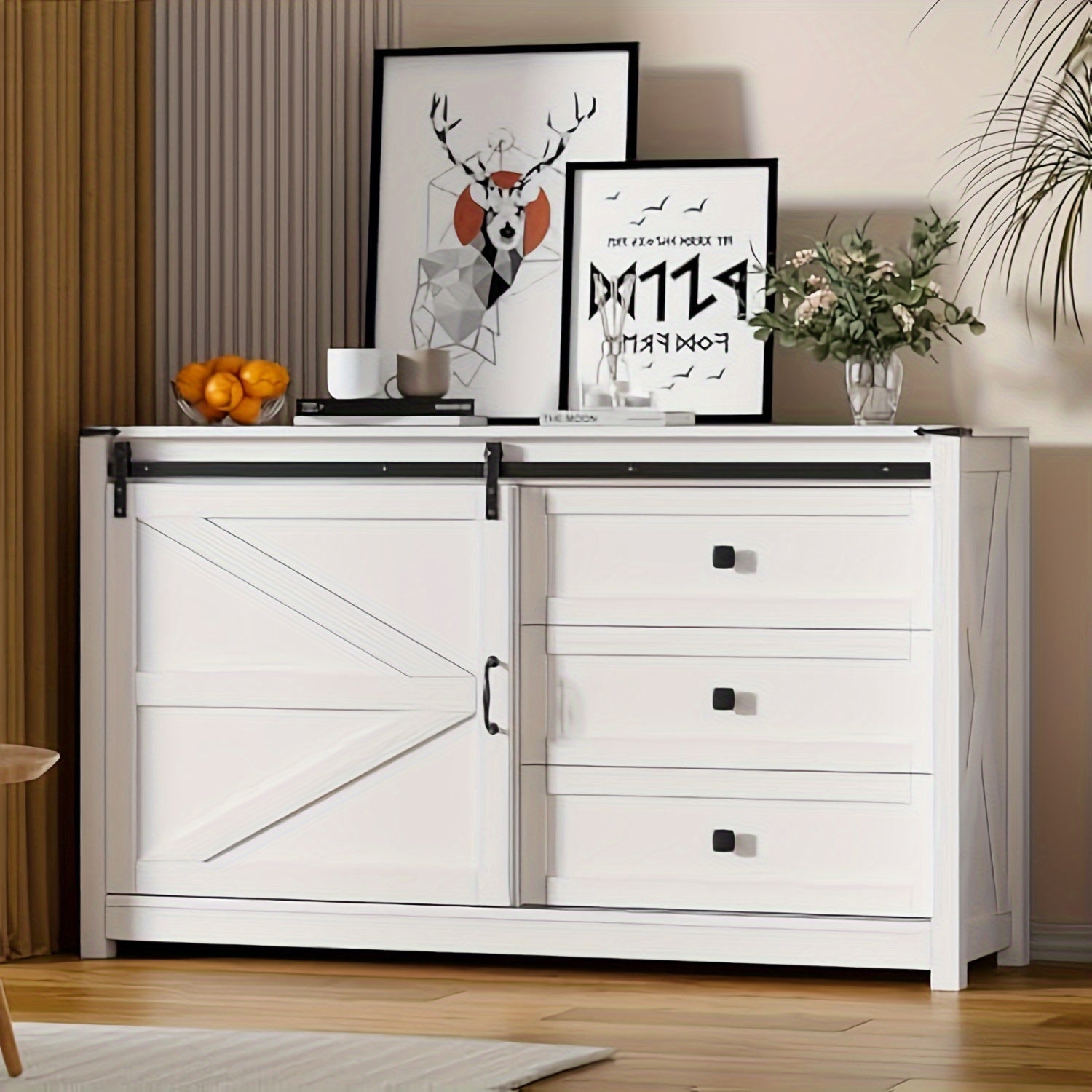 138cm Dresser for Bedroom, Retro Dressers & Chests of Drawers with Sliding Barn Door, Adjustable Shleves, Wooden Drawer Dresser for Bedroom, Entryway, White