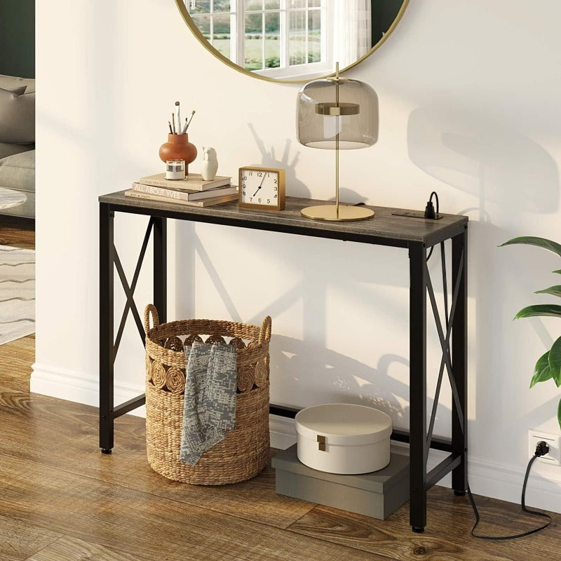 Console Table with Power Outlet, Sofa Table with Charging Station, Narrow Entryway Table, Skinny Hallway Table, Behind Couch Table 100 x 30/20, 140 x 30/20, 180 x 30/20 Farmhouse Table Behind Sofa Couch H