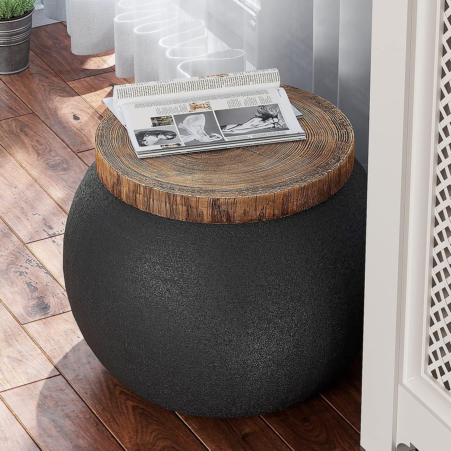 Decorative Side Table, Drum Concrete End Table with Faux Wooden Desktop, Accent Stool, Plant Stool for Patio Garden