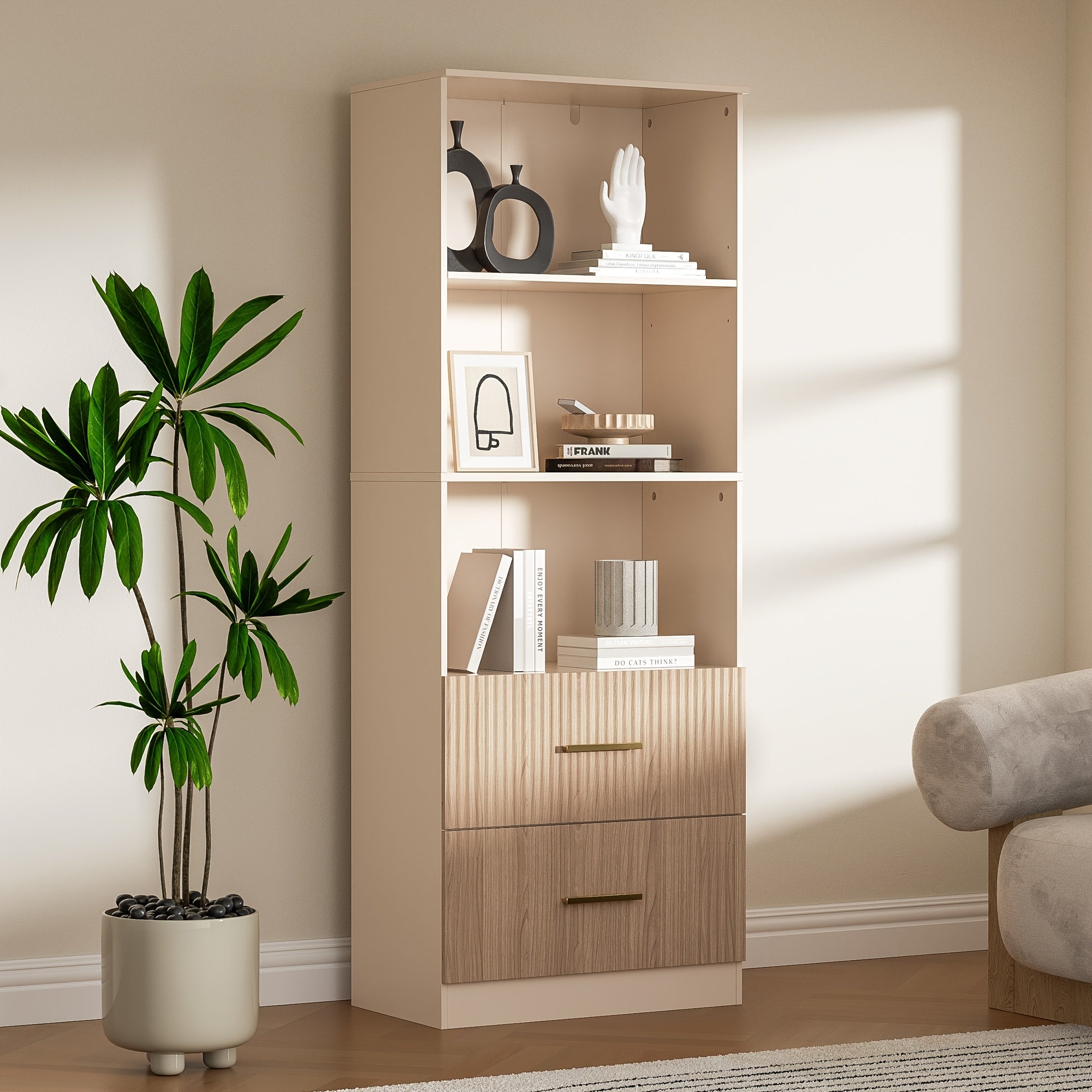 160cm tall bookshelf with 2 drawers, 3-layer modern bookshelf with adjustable shelves, corner open cube shelf, floor display bookshelf, suitable for living room, bedroom, office, white/black/rubber