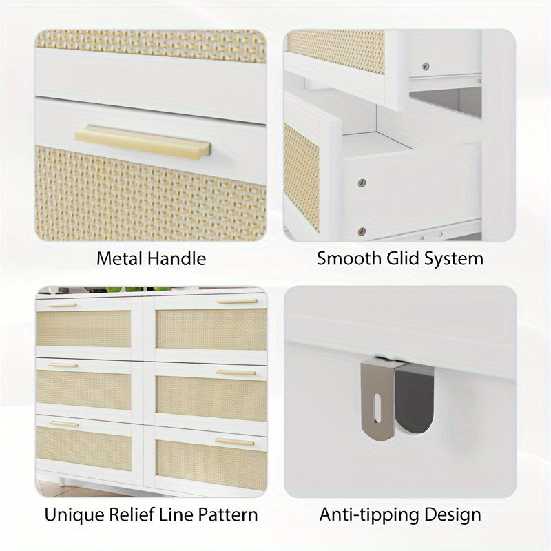 Elegant White Rattan 6-Drawer Dressing Table with Golden Handles | Modern Storage Cabinet with Textured Front Panels | Ample Organizer for Bedroom, Living Room & Hallway | Stylish & Practical, Room Accessories