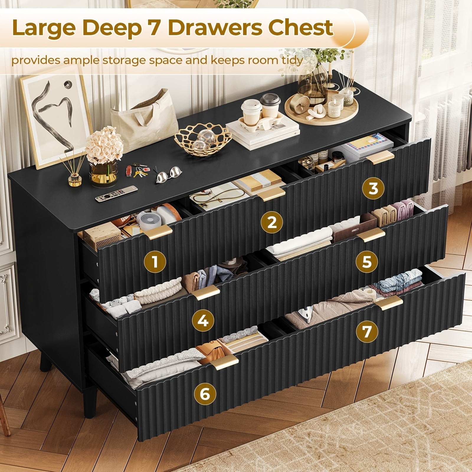 Dresser For Bedroom With Fluted Panel Design, 47.2'' Wide Mid Century Modern Fluted Dresser, 7 Drawers Chest Of Drawers With Golden Metal Handles, Black Organizer Storage Cabinet For Closet, Entryway