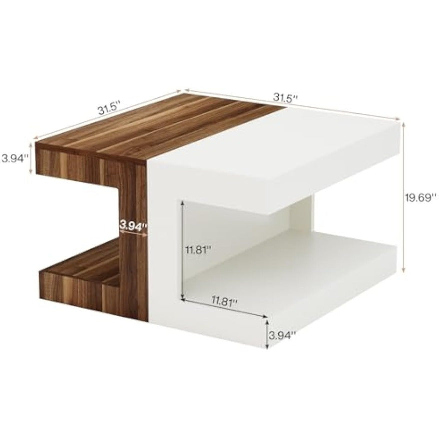 Square Coffee Table, 81cm Creative Combination Splicing Side Table, 2-Tier Vintage Center Table for Living Room, Bedroom, Small Space, Rustic Brown & White