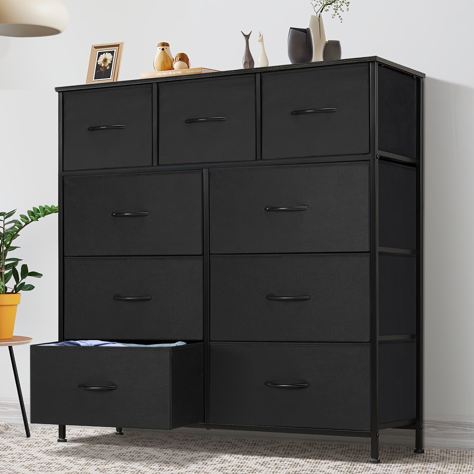 Dresser For Bedroom With 9 Drawers, Dresser With Metal Frame And Wood Tabletop, Clothes Drawer Fabric Closet Organizer, Chest Storage Tower For Living Room, Entryway