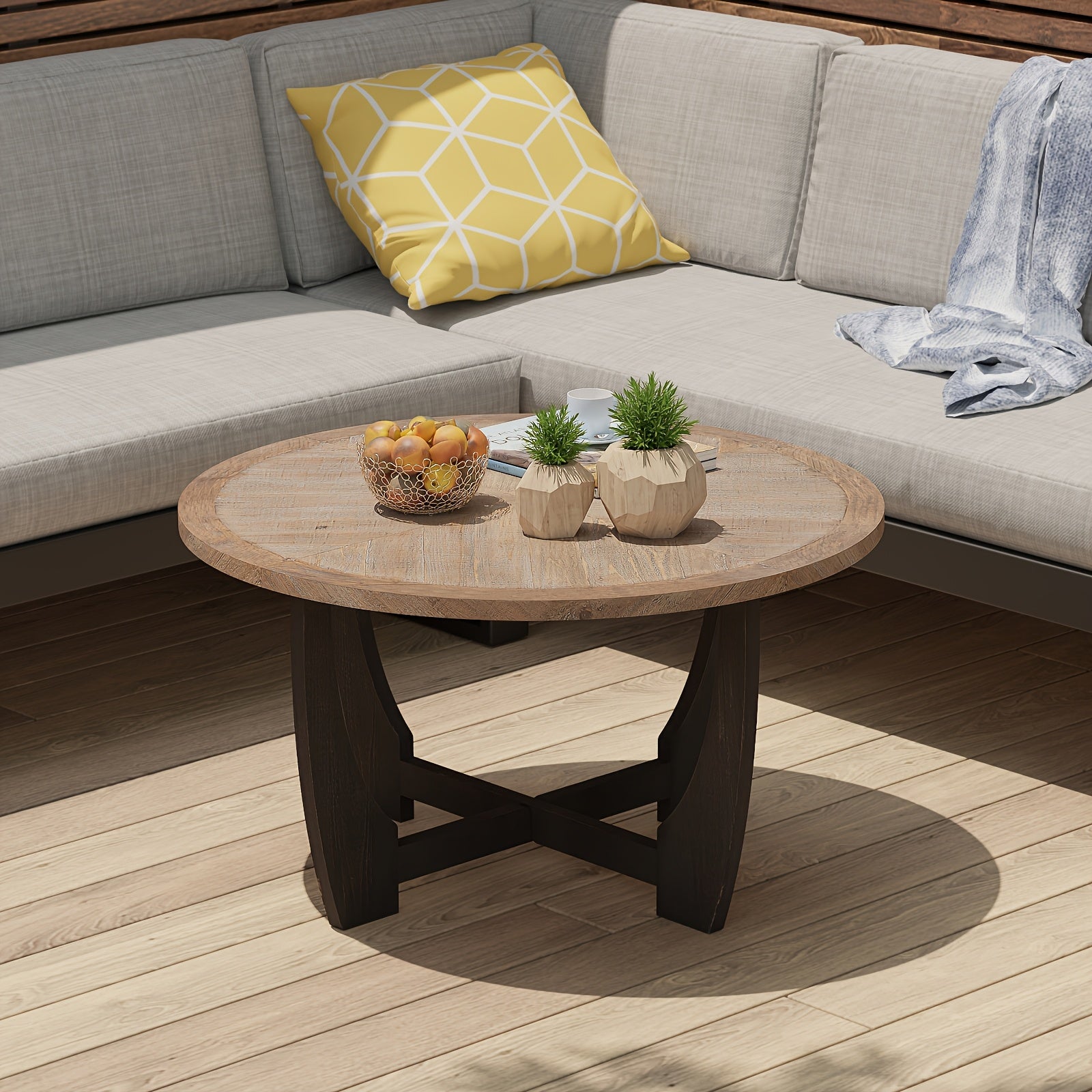 1pc Rustic Farmhouse Round Wooden Coffee Table with Crisscross Base - Safety Rounded Corners, Padded Feet, Distressed Finish for Outdoor Patio Furniture