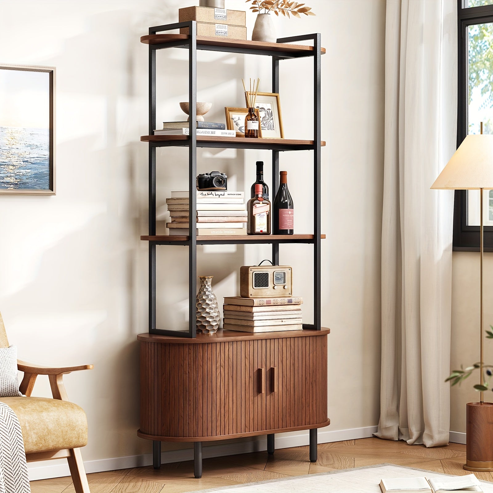 180cm Tall 4-Tier Bookshelf with Storage Cabinet, Modern Freestanding Bookcase with Sliding Doors and Adjustable Shelves, Walnut Finish, Ideal for Living Room or Bedroom, Bookshelf Decorations