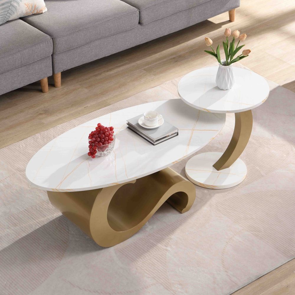 Modern Nesting Coffee Table, Set of 2 End Table for Living Room, Oval and Round Table Set, 2 Packages