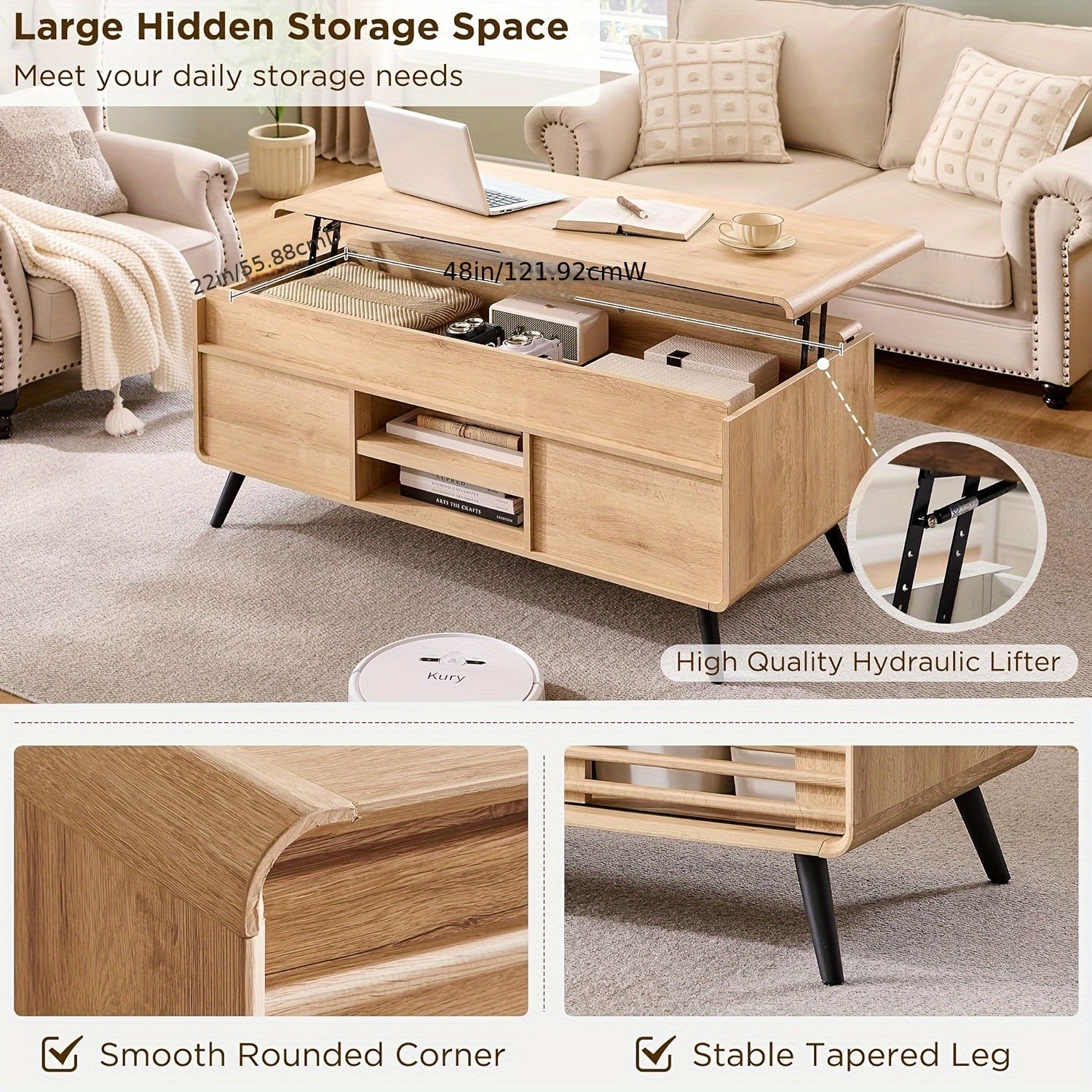 120cm Mid-Century Modern Wooden Coffee Table with Sliding Door - Adjustable Height, Hidden Storage & Shelf, Perfect for Living Room