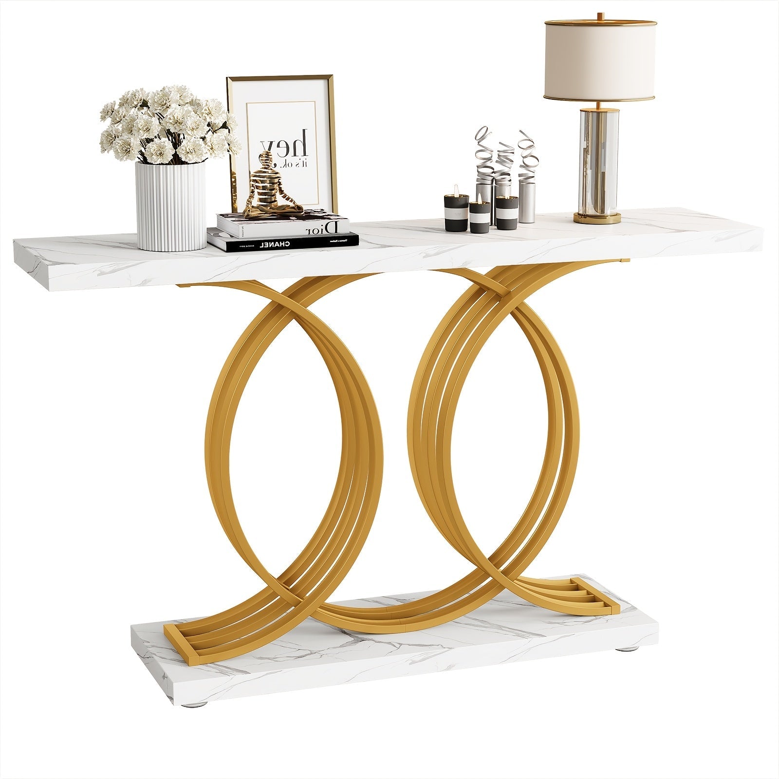 140 cm Console Table For Hallway, Faux Marble Golden Entryway Table With Geometric Metal Base, Modern Narrow Sofa Accent Table For Entrance, Living Room, Foyer (White & Golden)