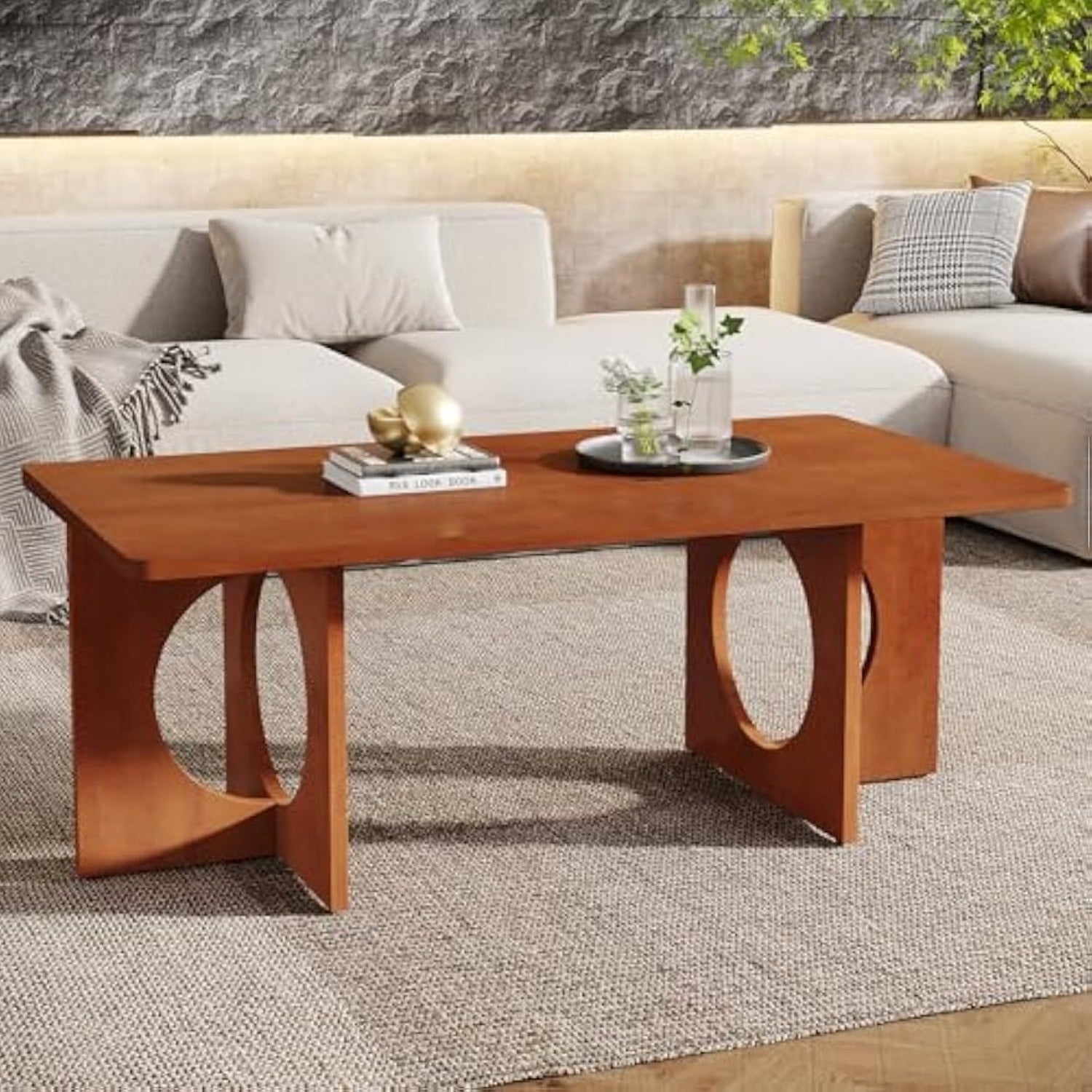 Chic 120cm Rectangle Coffee Table with Geometric Base - Heavy-Duty, & Scratch-Resistant Wooden Centerpiece for Living Room