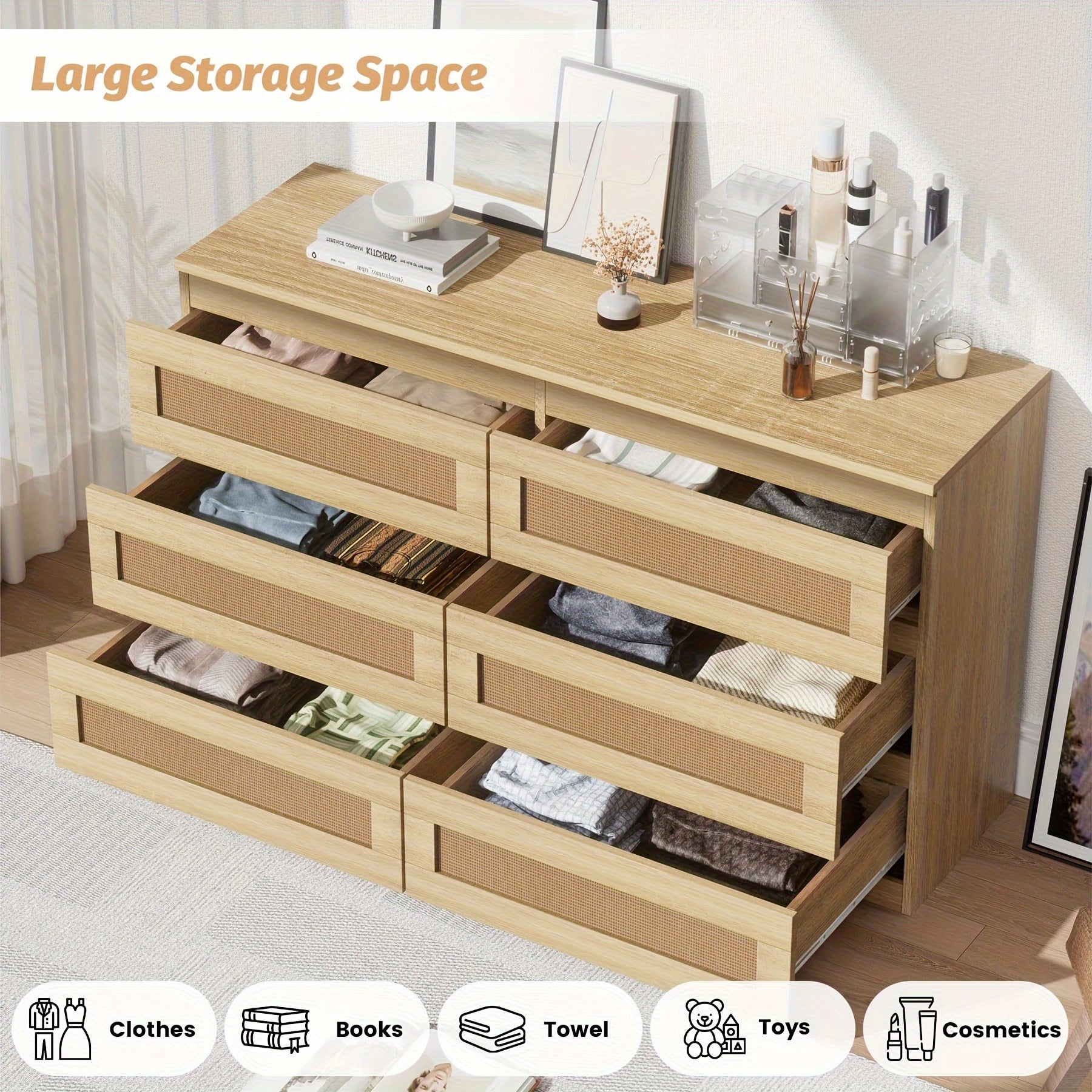 Rattan Dresser For Bedroom, 6 Drawer Dresser For Bedroom, Modern Wide Chest Of Drawers With Anti-Tip Kit & Smooth Slide Rail, Wood Storage Dresser For Bedroom, Hallway, Living Room, Natural