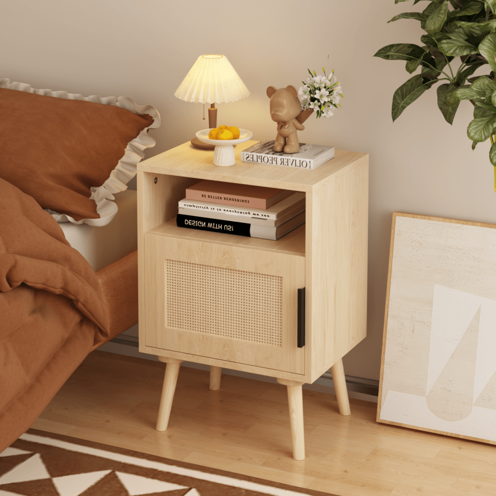 Chic Oak Rattan Nightstand with Open Shelf - 22.83'' H Side Table, Solid Wood Legs & Door Storage, Ideal for Bedroom, Dorm & Small Spaces, Durable MDF Construction, Bedroom Decor