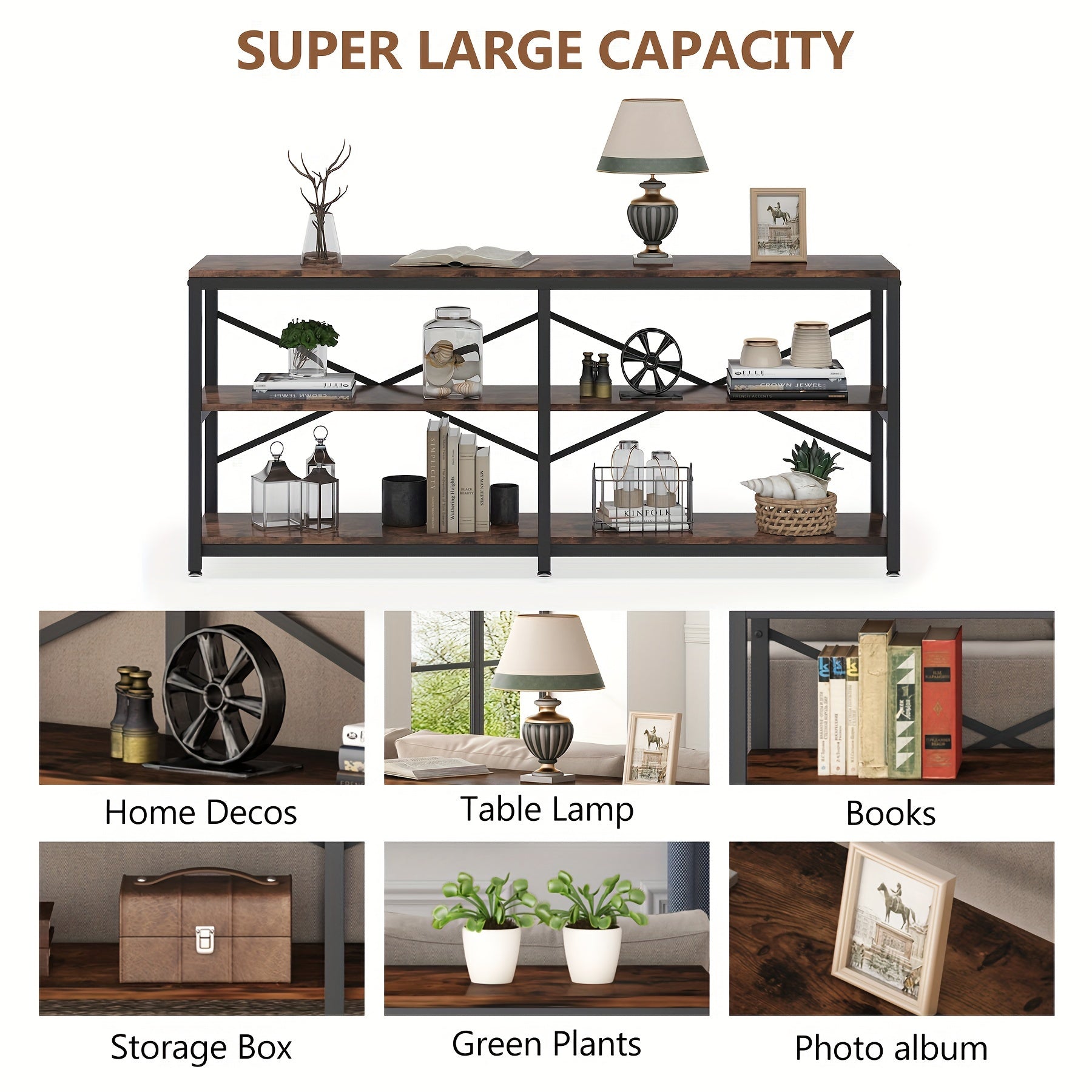 Industrial 180 cm Sofa Table With Storage Shelves: This Modern Console Table Features A Three-tier Design For Storage And Display, Perfect As A Behind-Couch Table, Entryway Table, Or Three-Shelf Bookshelf In Your Living Room