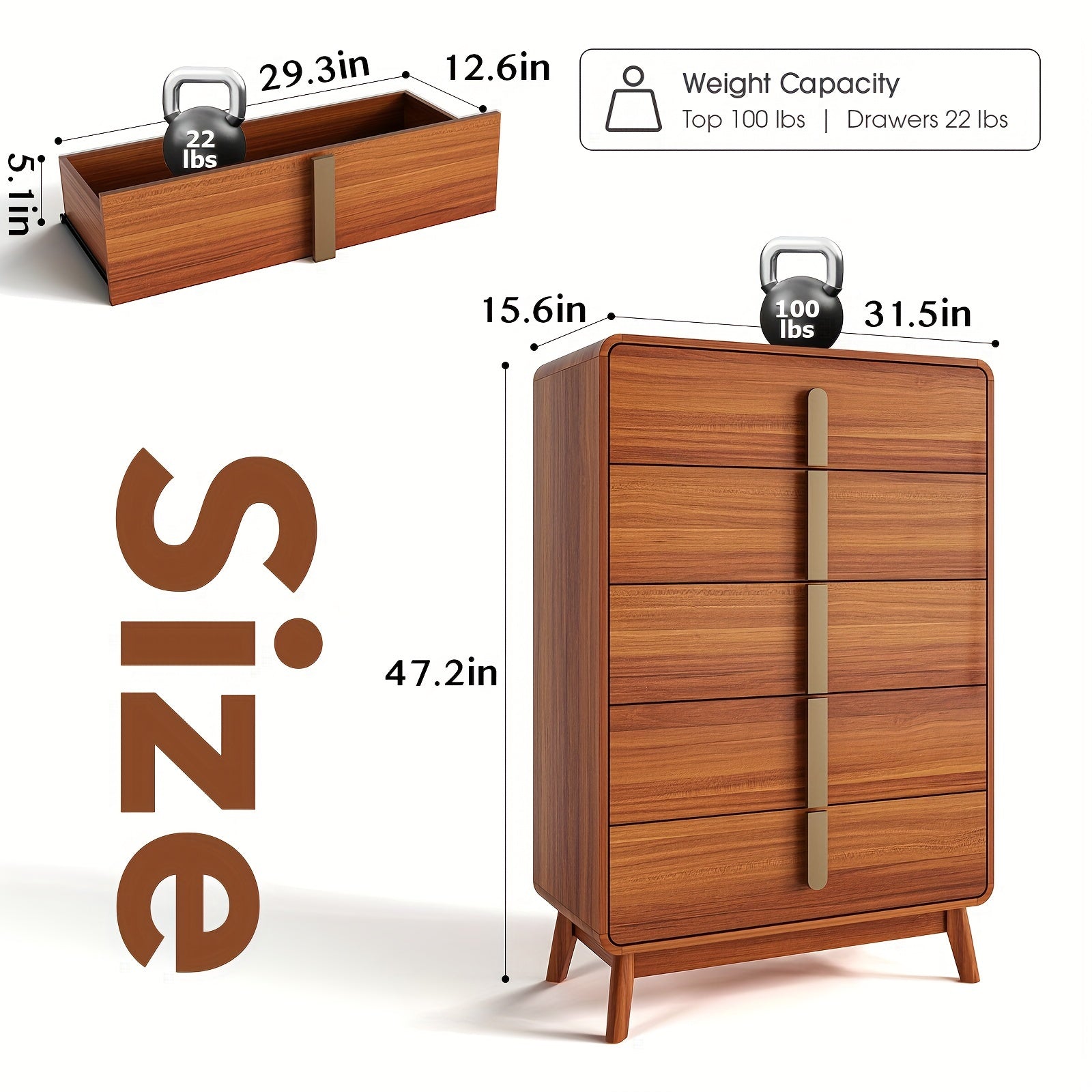 Mid-Century Modern 5/6 Drawer Dresser - Cherry Wood Finish, 47.2" Tall with Metal Handles for Bedroom, Living Room & Entryway