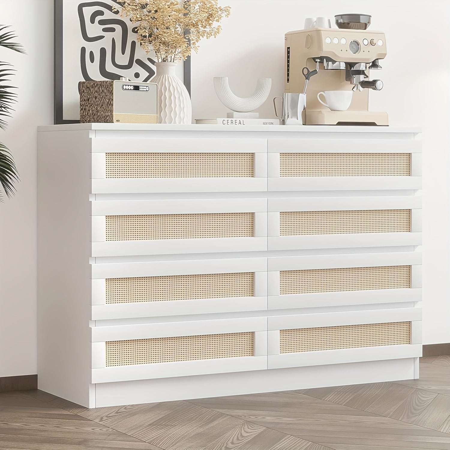 Rattan Dresser For Bedroom, Modern 8 Drawer Wooden Dresser Chest, Wide Wood Beside Table For Closet, Nursery, Living Room And Entryway, White