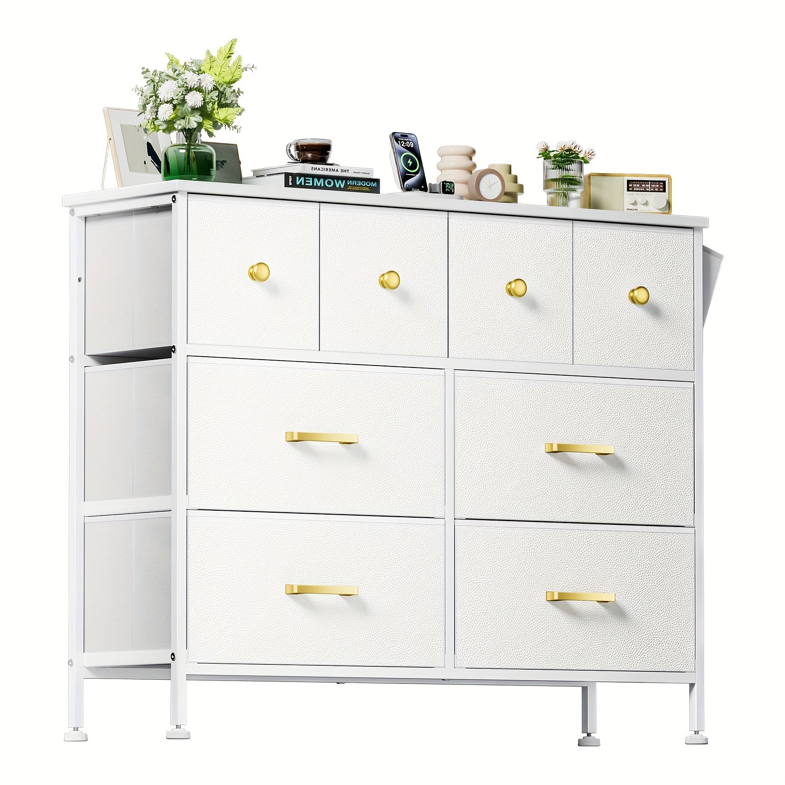 5/8/9 Drawers Dresser For Bedroom, White Dresser With Fabric Drawers, Chest Of Drawers With PU Finish, Metal Handle, Storage Organizer Unit For Closet, Living Room, Tv Stand Up To 43'', White