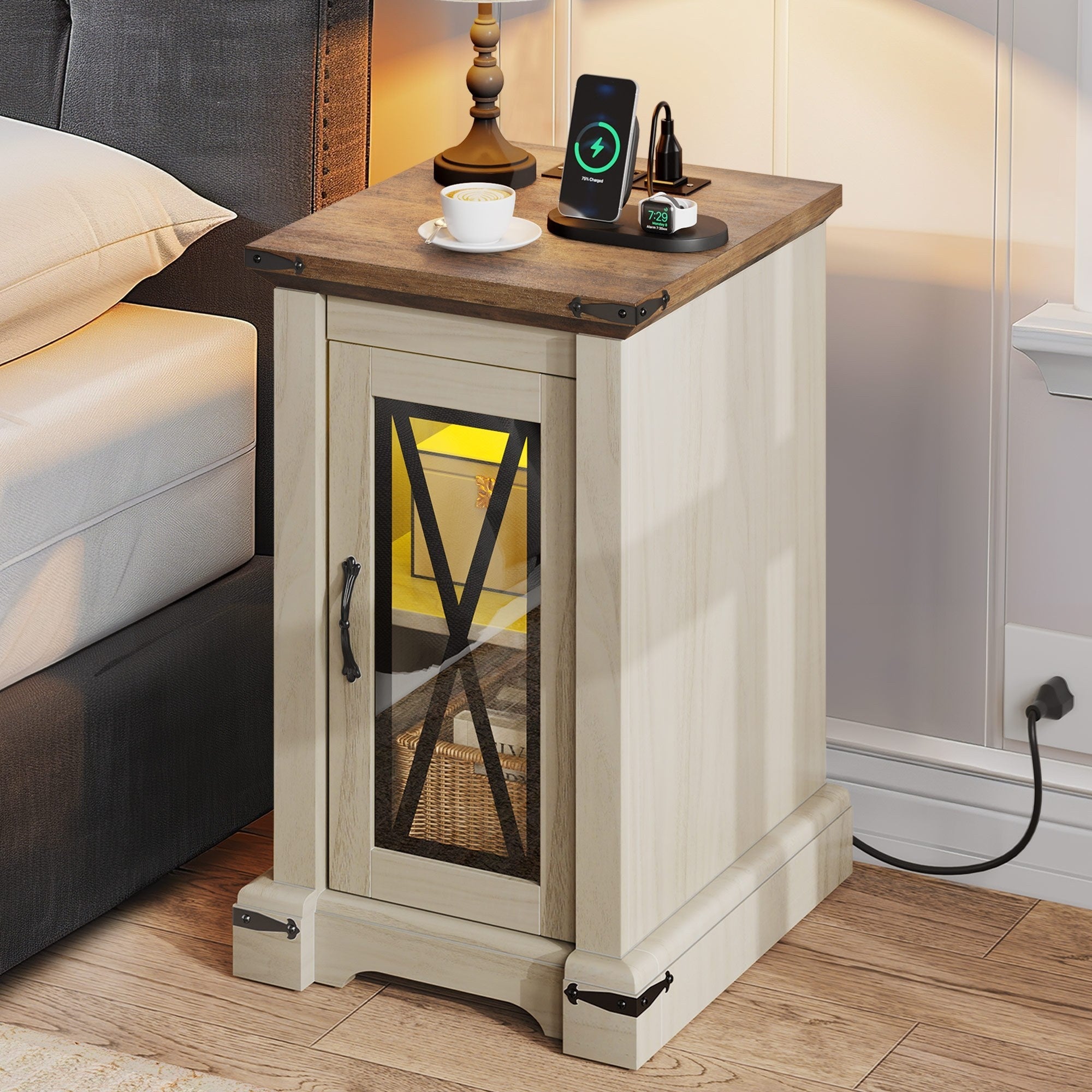 1pc Modern Multifunctional Wooden Side Table with Adjustable RGB Lighting and Built-in Charging Station, Pedestal Base - Ideal for Halloween and Christmas Gifts