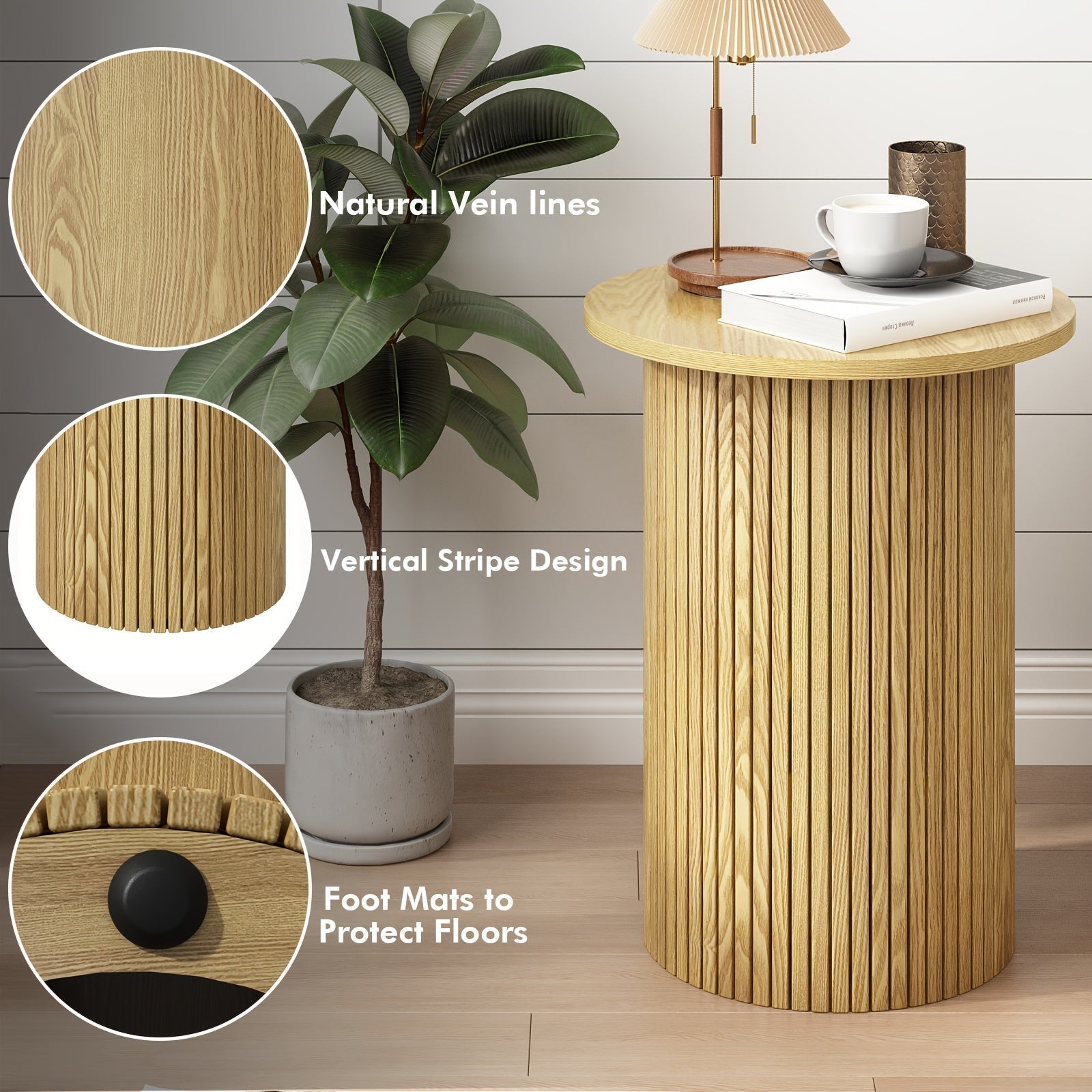 Modern Round Fluted End Table - Natural Wood Finish, Small Accent Pedestal Nightstand for Living Room & Bedroom