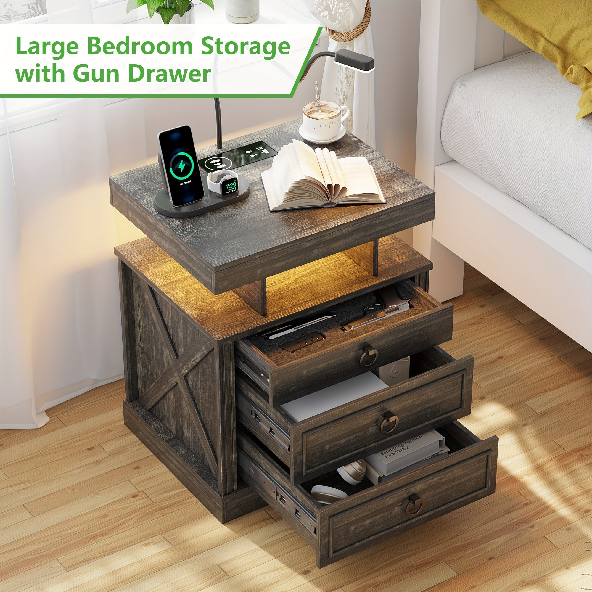 Side Table With Gun Case, Wireless Charging For Farmhouse Night Stand, Bedside Table With 2 Drawers, End Table With Bedside Lamp, Night Stand For Living Room&Bedroom