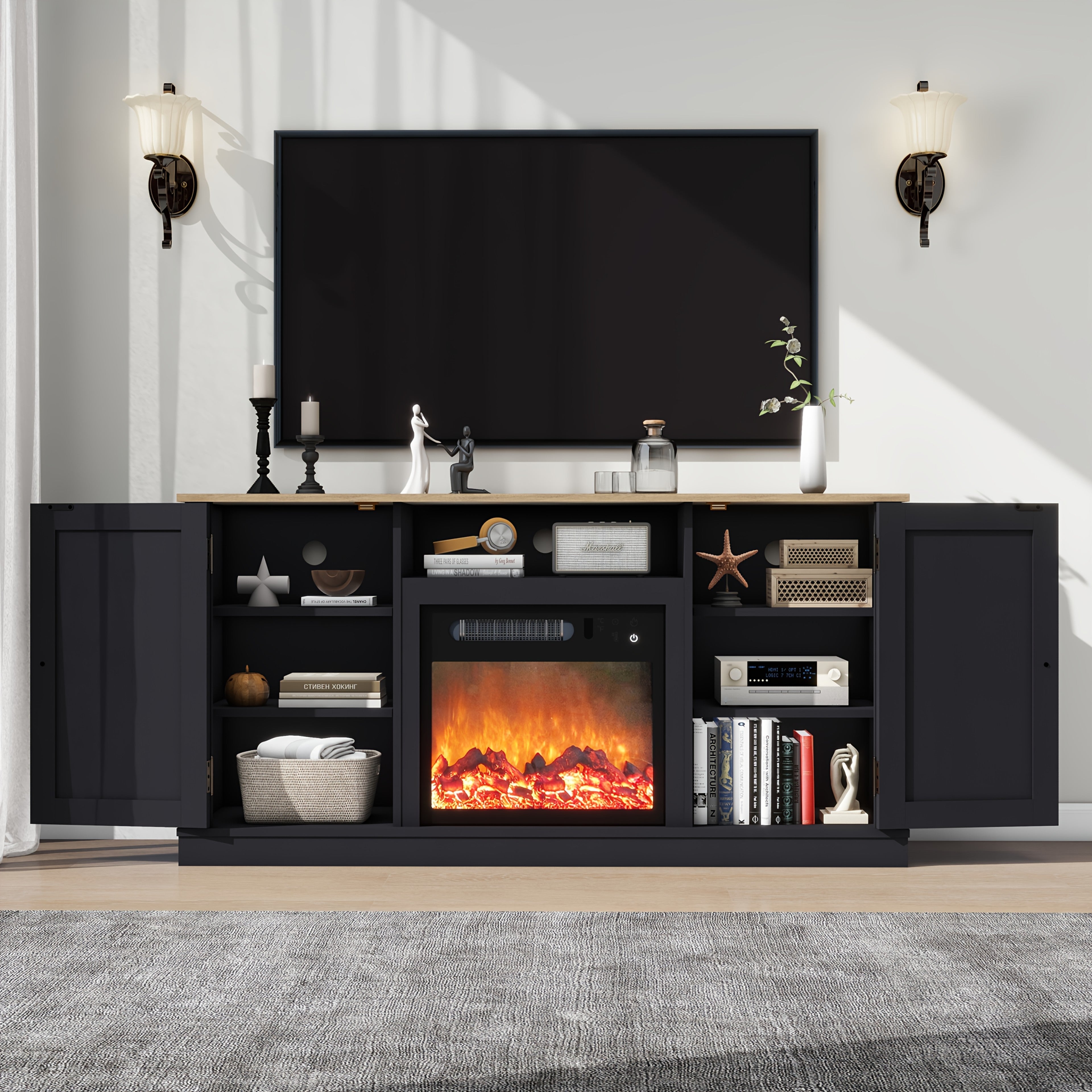 1pc Black Farmhouse 137cm Entertainment Center with Electric Fireplace, TV Stand Console with Mantel, MDF Wood Construction, Barn Door Design, 110V US Plug, Easy Assembly, Storage <3.2 Cubic Feet