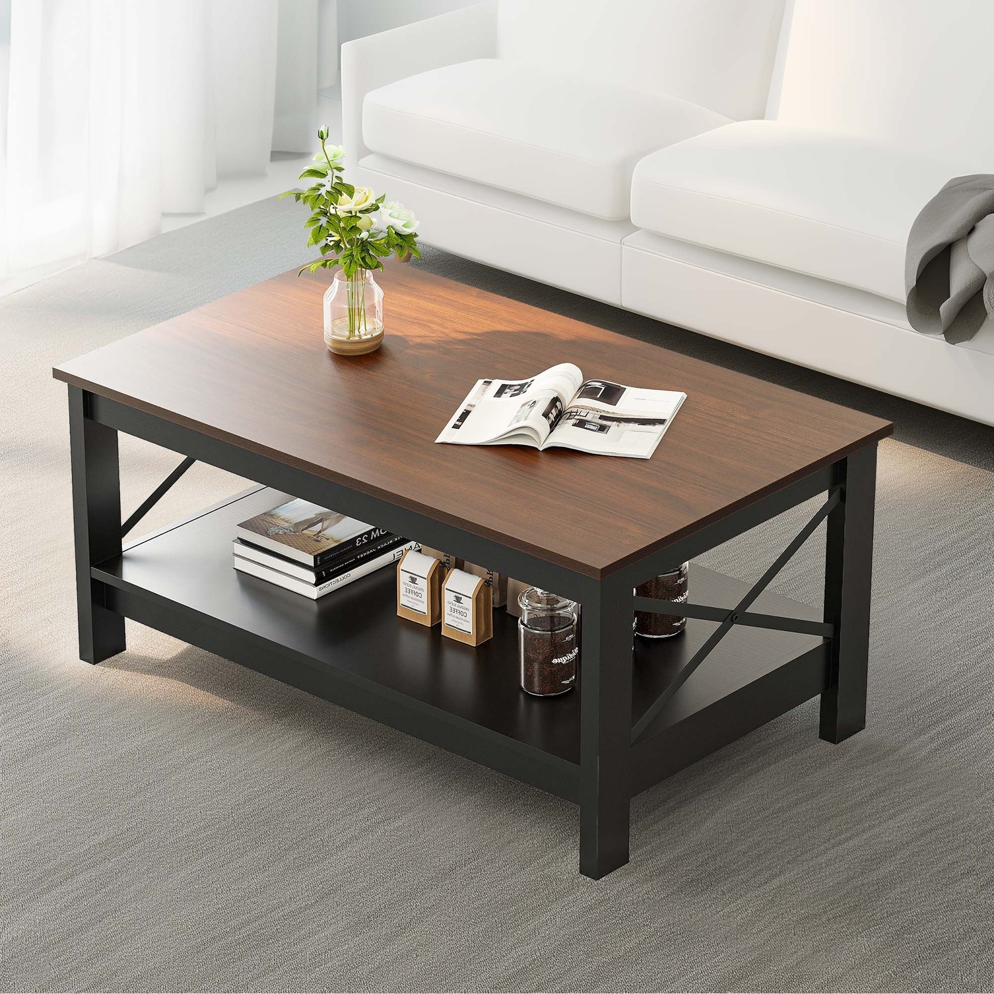 99cm Walnut Wood & Black Coffee Table with Open Storage - Waterproof, Scratch-Resistant, Easy Assembly for Living Room, Home Office, or Sunroom