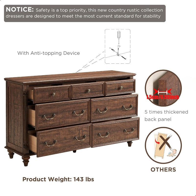 Farmhouse 7-Drawer Dresser Chests for Bedroom with 4 Solid Wood Feet & Column Decoration, Tall and Wide Wood Country Rustic Chest of Drawers, Storage Dressers for Bedroom and Living Room.