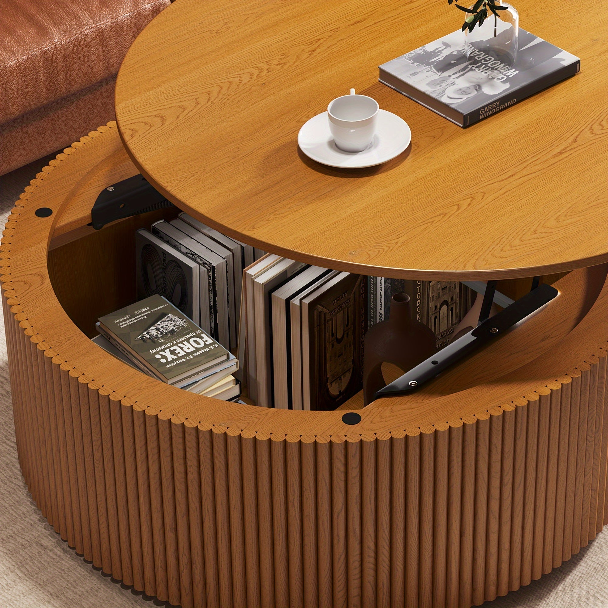 Round Lift Top Coffee Table Wooden Walnut With Hidden Storage Space For Living Room