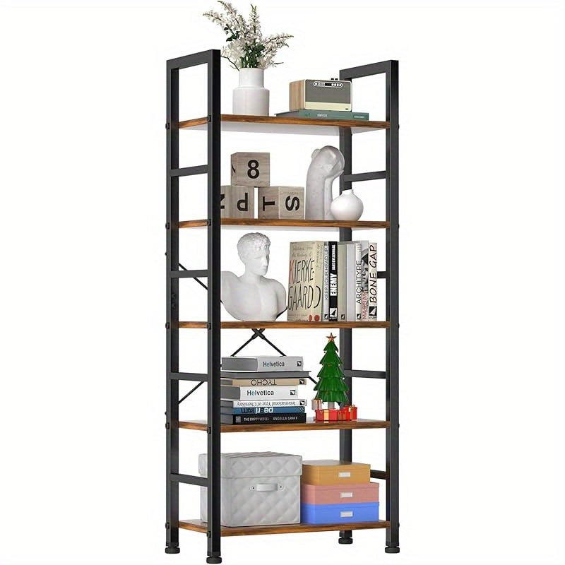 Book Shelf, 5 Tier Bookcase, Tall Bookshelf Modern Book Case for Books, Garage Kit, CDs, Movies, Industrial Corner Storage Organizer for Bedroom Home Office Kitchen Living Room Rust Brown