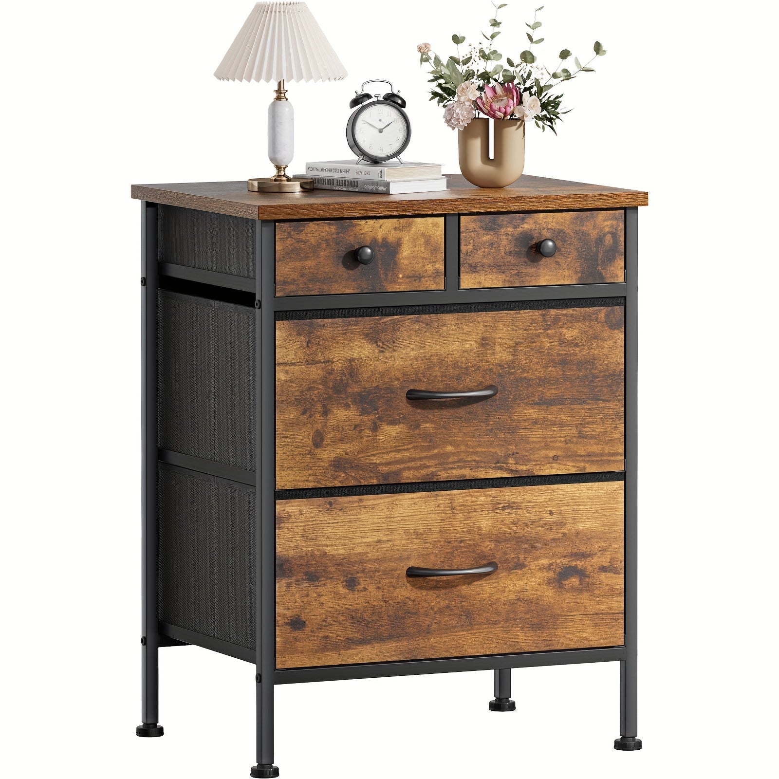 Bedside Table with 4 Drawers Small Storage Cabinet Suitable for Bedroom, Living Room, Coffee Table Side Table Retro Brown Bedside Table