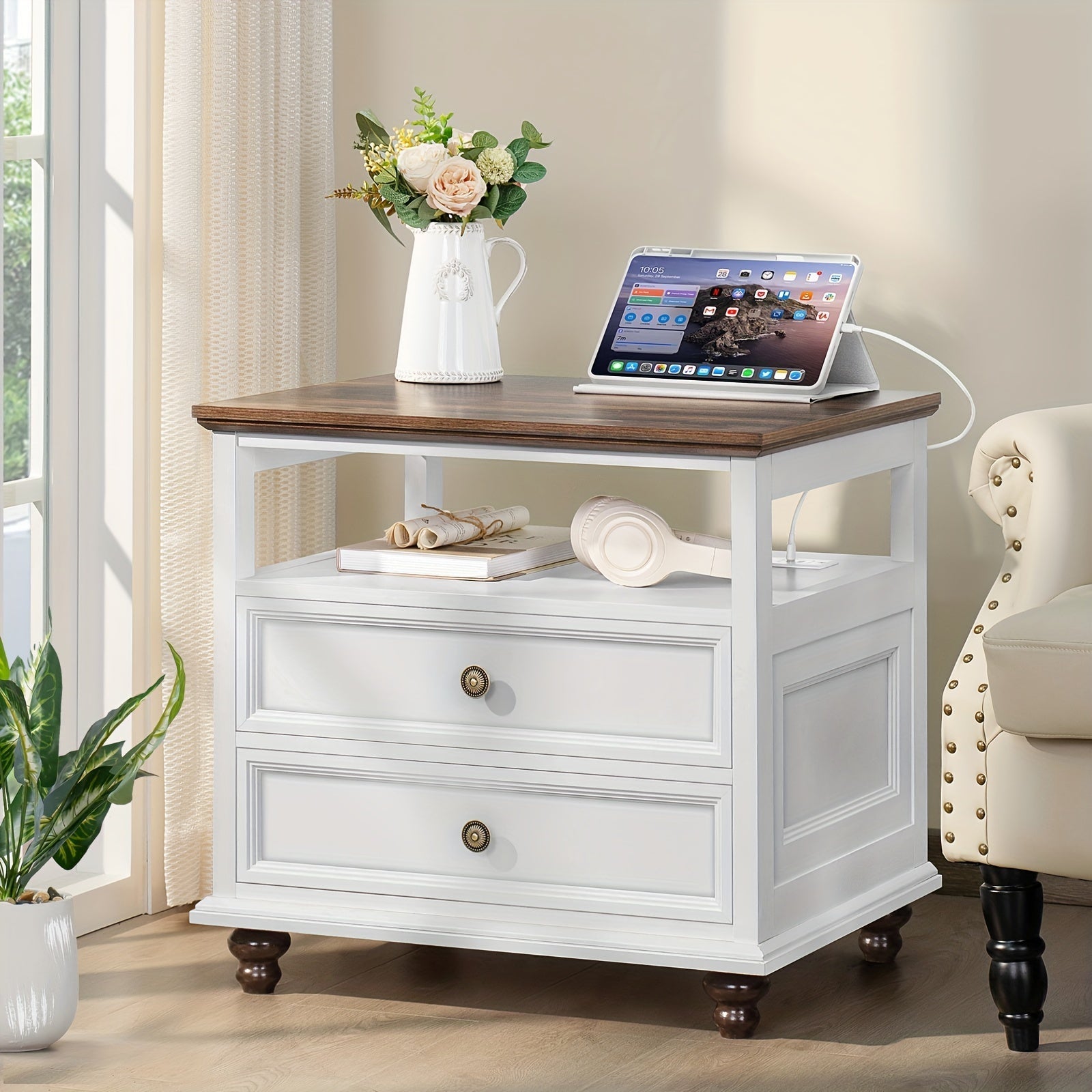 Farmhouse Nightstand With Charging Station, 60cm Wide End Table With 2 Drawers, White Dresser For Bedroom, Bed Side Table Chest Of Drawers Cabinet, Wood Night Stand For Living Room, Closet