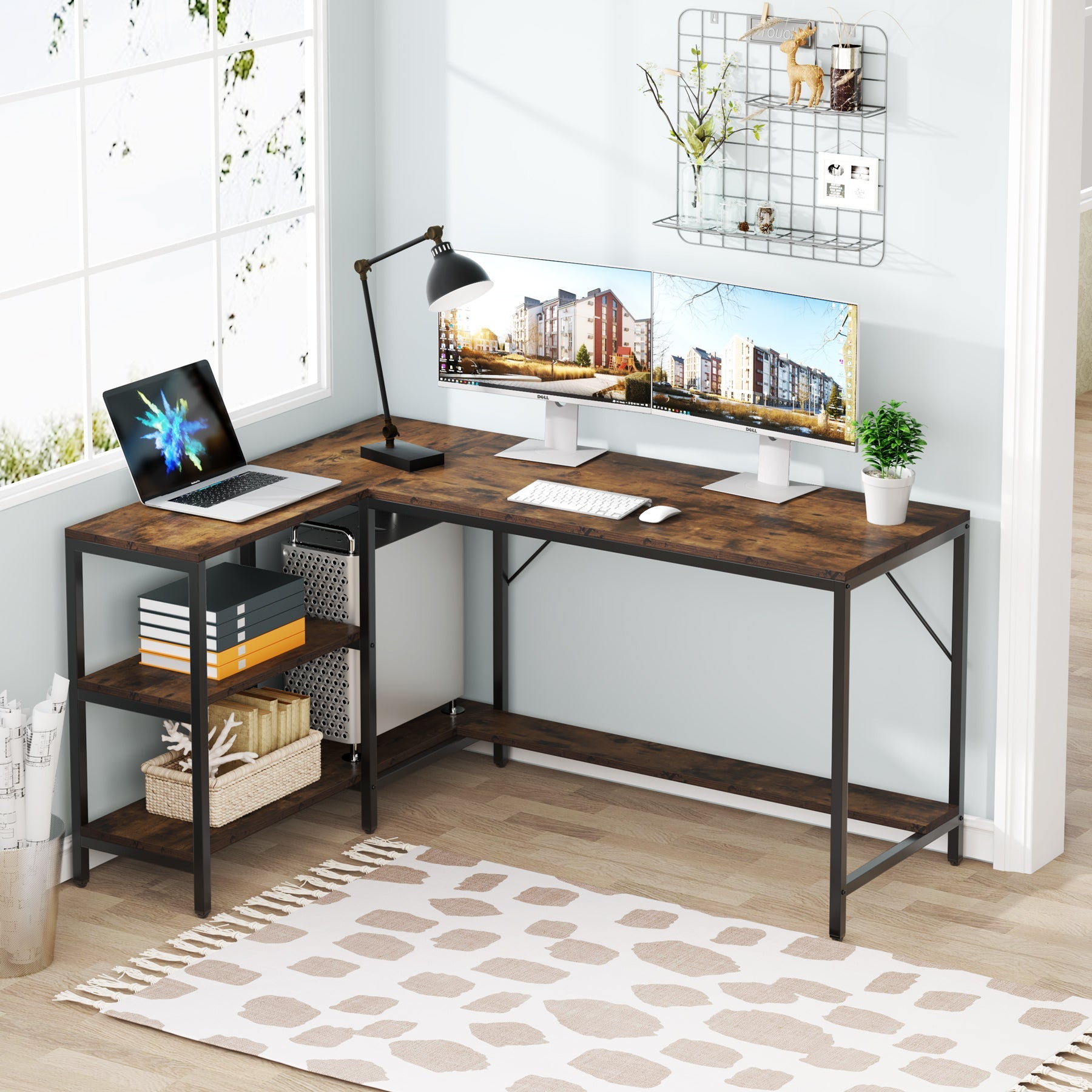 Reversible L-Shaped Desk, Corner Computer Desk with Storage Shelves (Dimensions in cm)