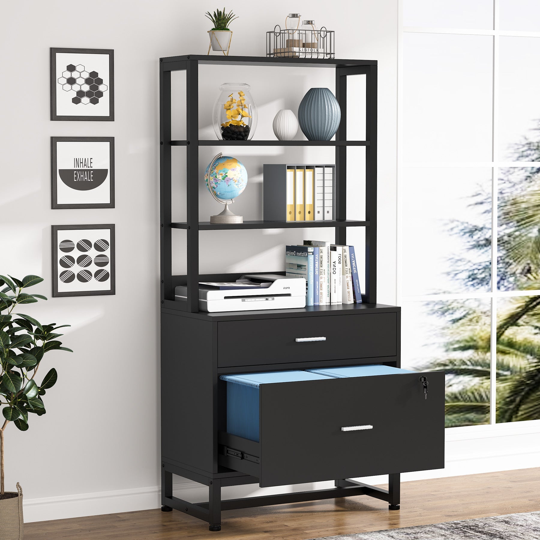 Vertical File Cabinet, 2-Drawer Filing Cabinet with Open Shelves (cm)