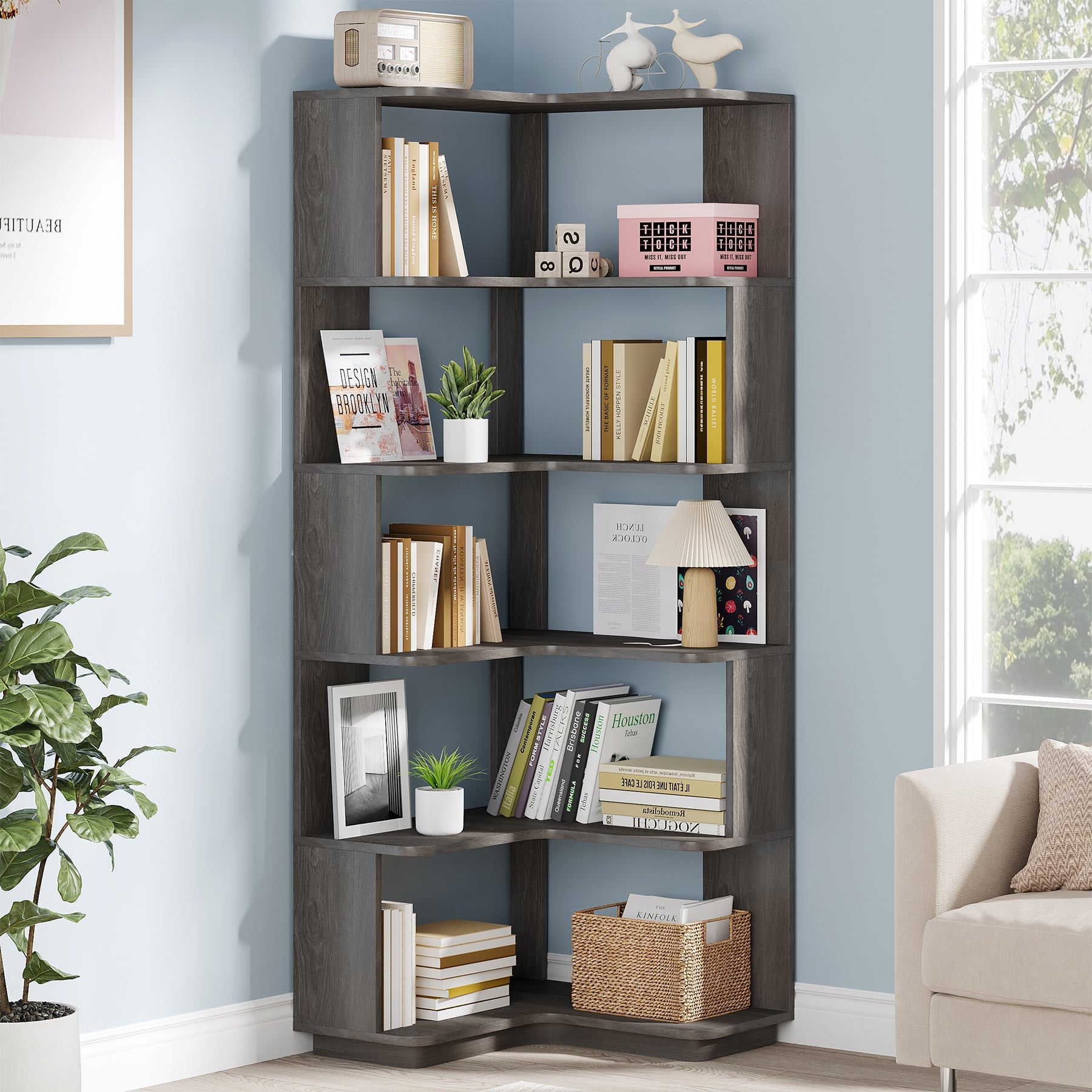 6-Tier Corner Bookshelf, 165.8 cm Corner Bookcase with Anti-Drop Panel