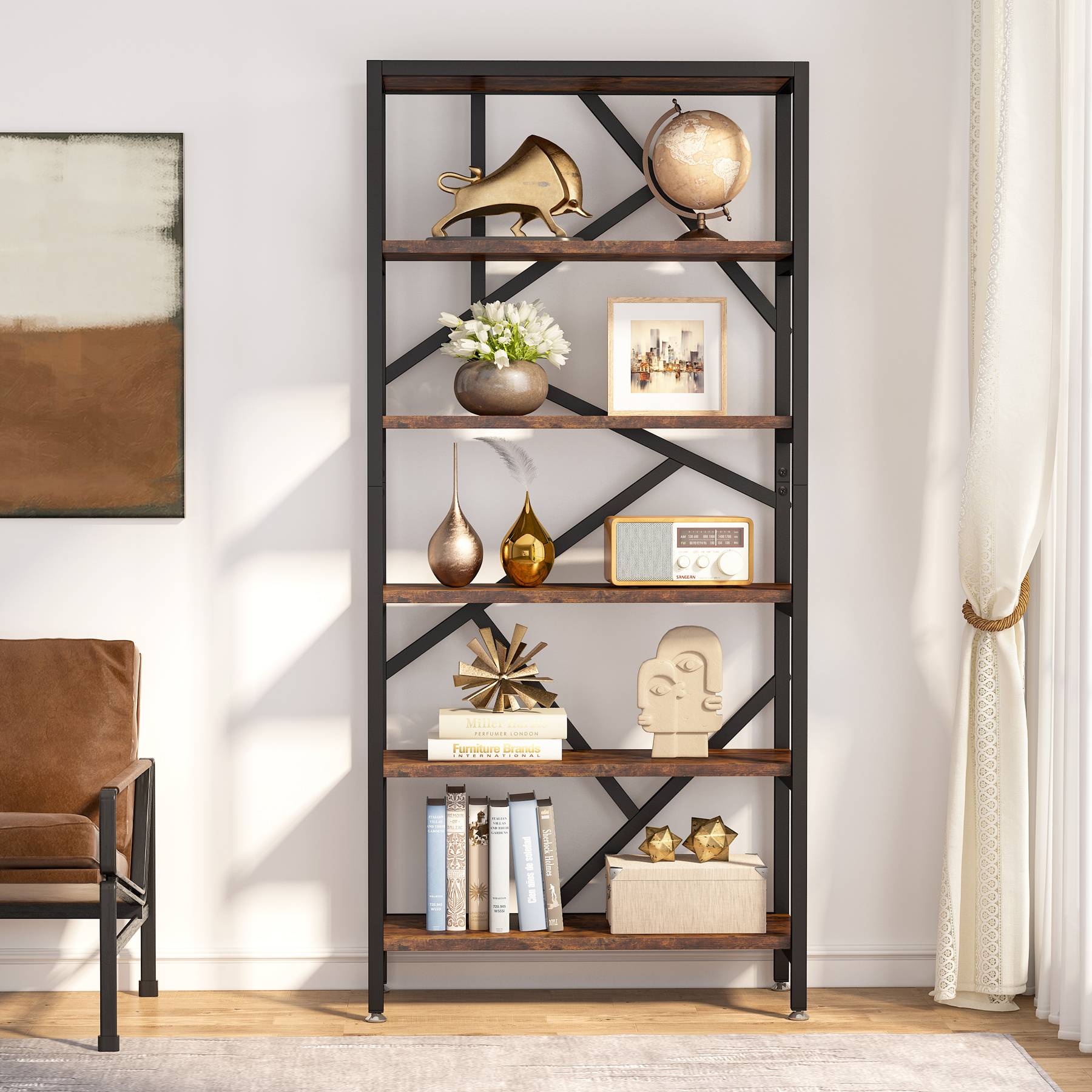 180 cm Bookshelf, Industrial Etagere Bookcase 6 Shelf Display Rack